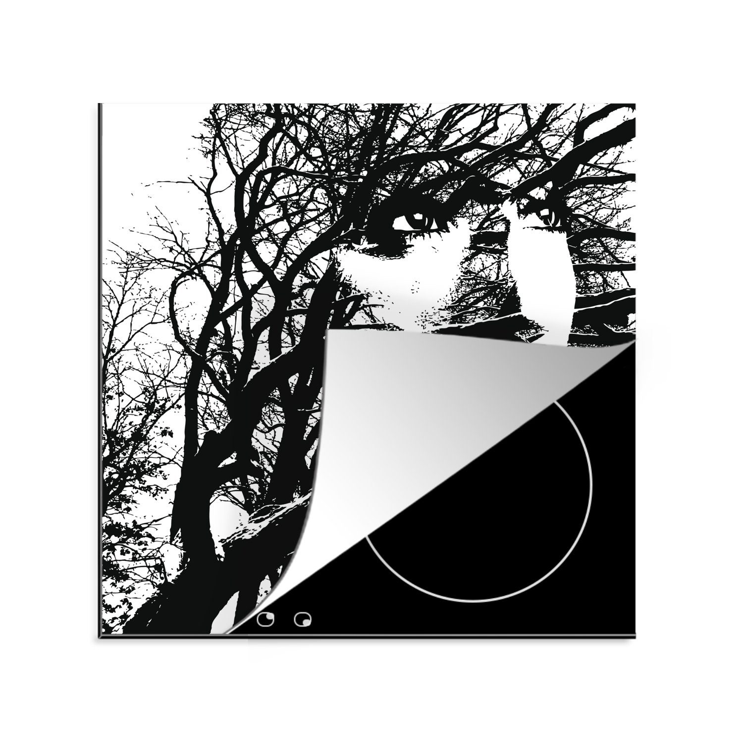 Frauengesichts Silhouettenmontage Eichenbaums., cm, Ceranfeldabdeckung, (1 eines für MuchoWow Arbeitsplatte küche Vinyl, eines und tlg), 78x78 Herdblende-/Abdeckplatte