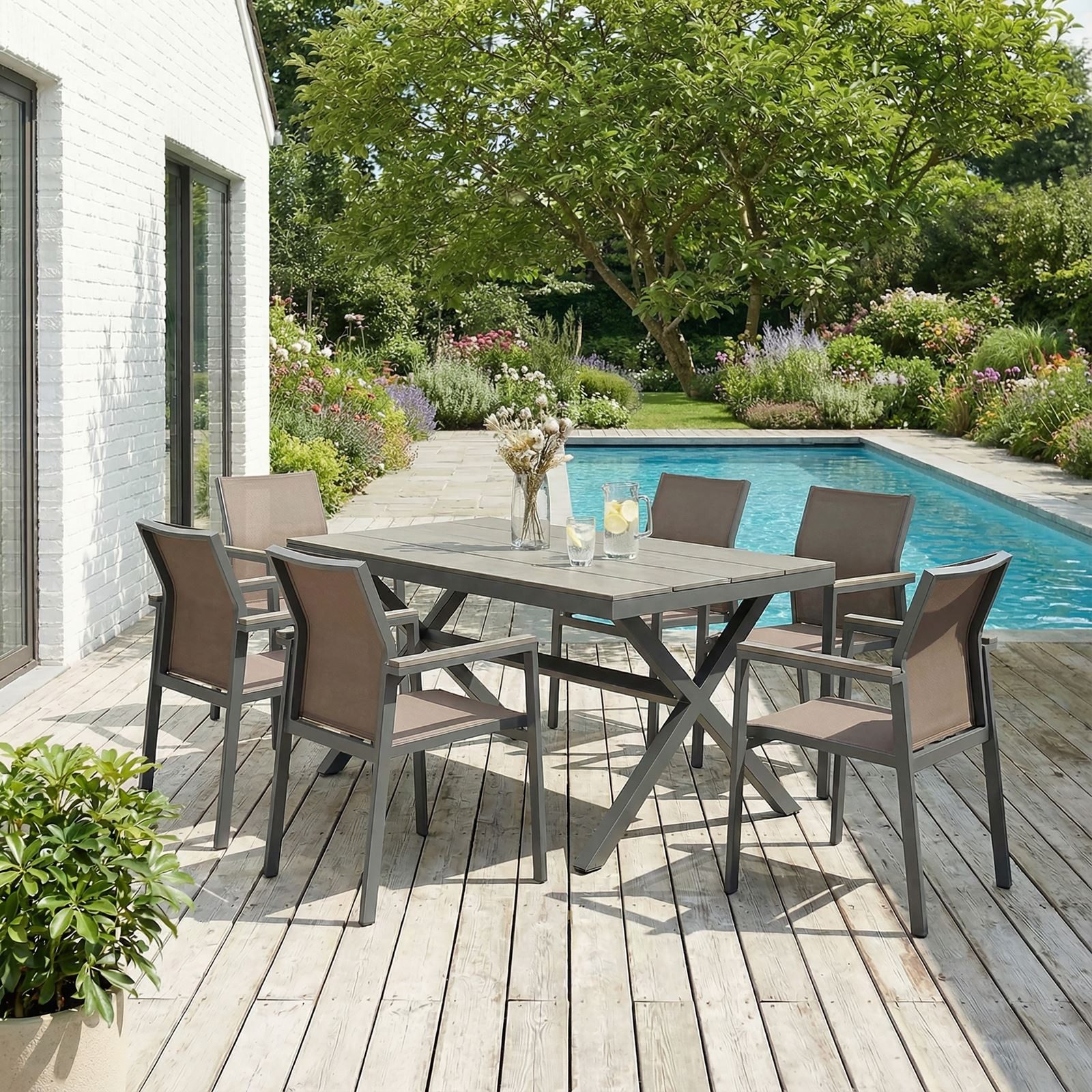 IDIMEX Garten-Essgruppe WINDY, (7-tlg), Gartenmöbel Set 6 Personen aus Alu und WPC wetterfest grau