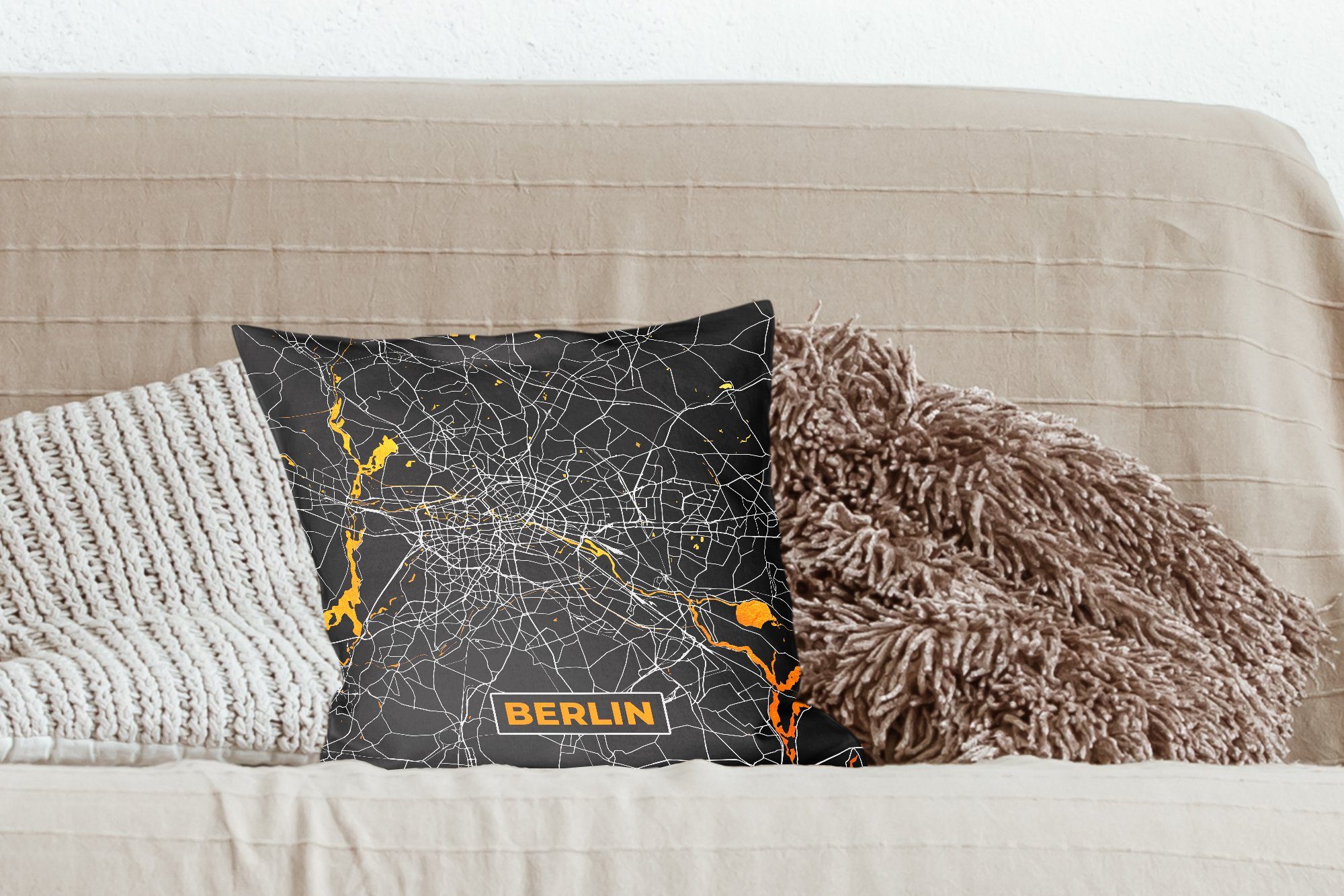 MuchoWow Dekokissen Berlin Füllung Deutschland Karte - Schlafzimmer, für - Gold, Wohzimmer, Zierkissen - - Sofakissen Stadtplan mit Deko