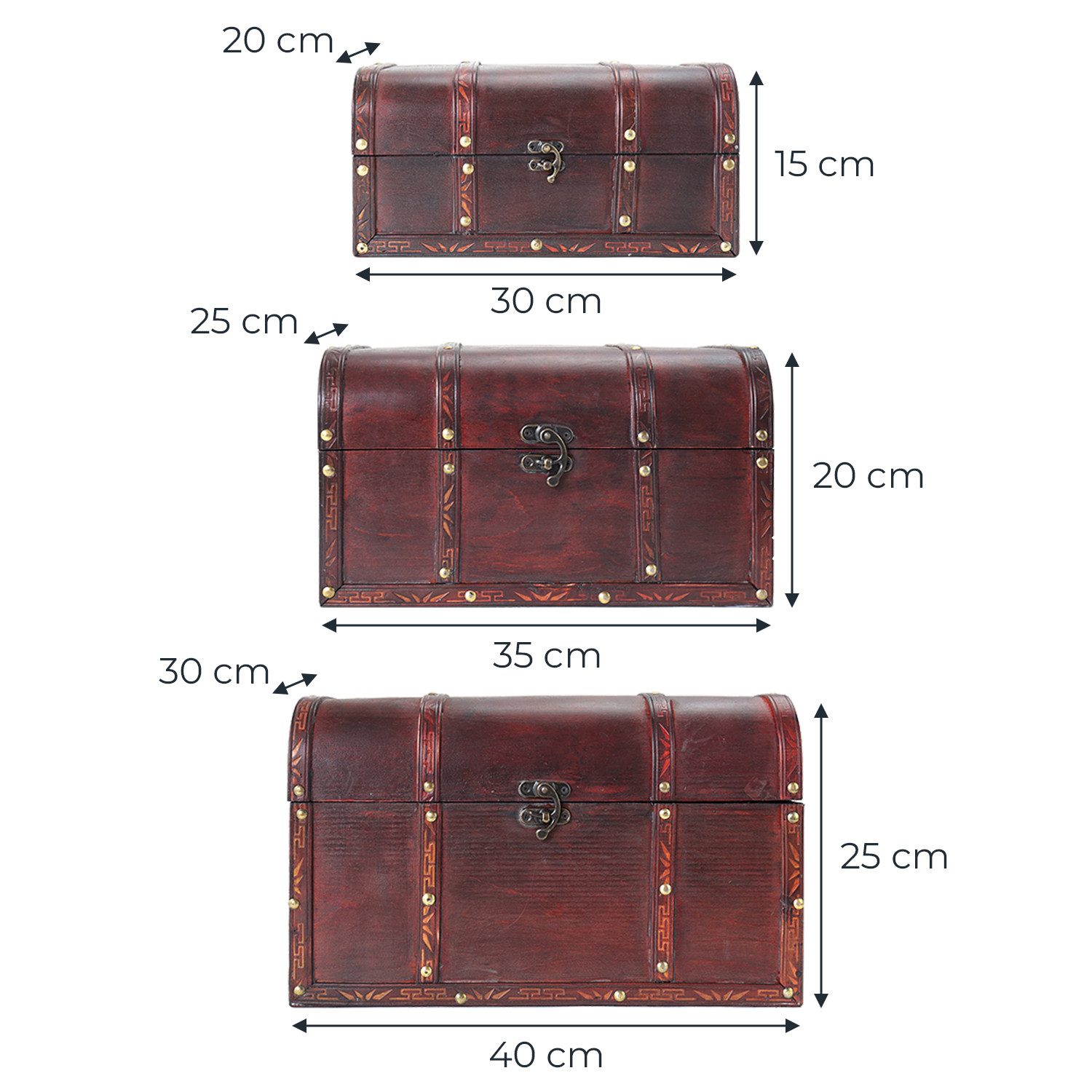 HMF Schatzkiste Schatztruhe aus Holz, große Schatzkiste mit Vintage Metallverschluss (versch. Größen), für Kindergeburtstag Hochzeit Jubiläum, 3er Set, 30+35+40 – Bild 5 von 5