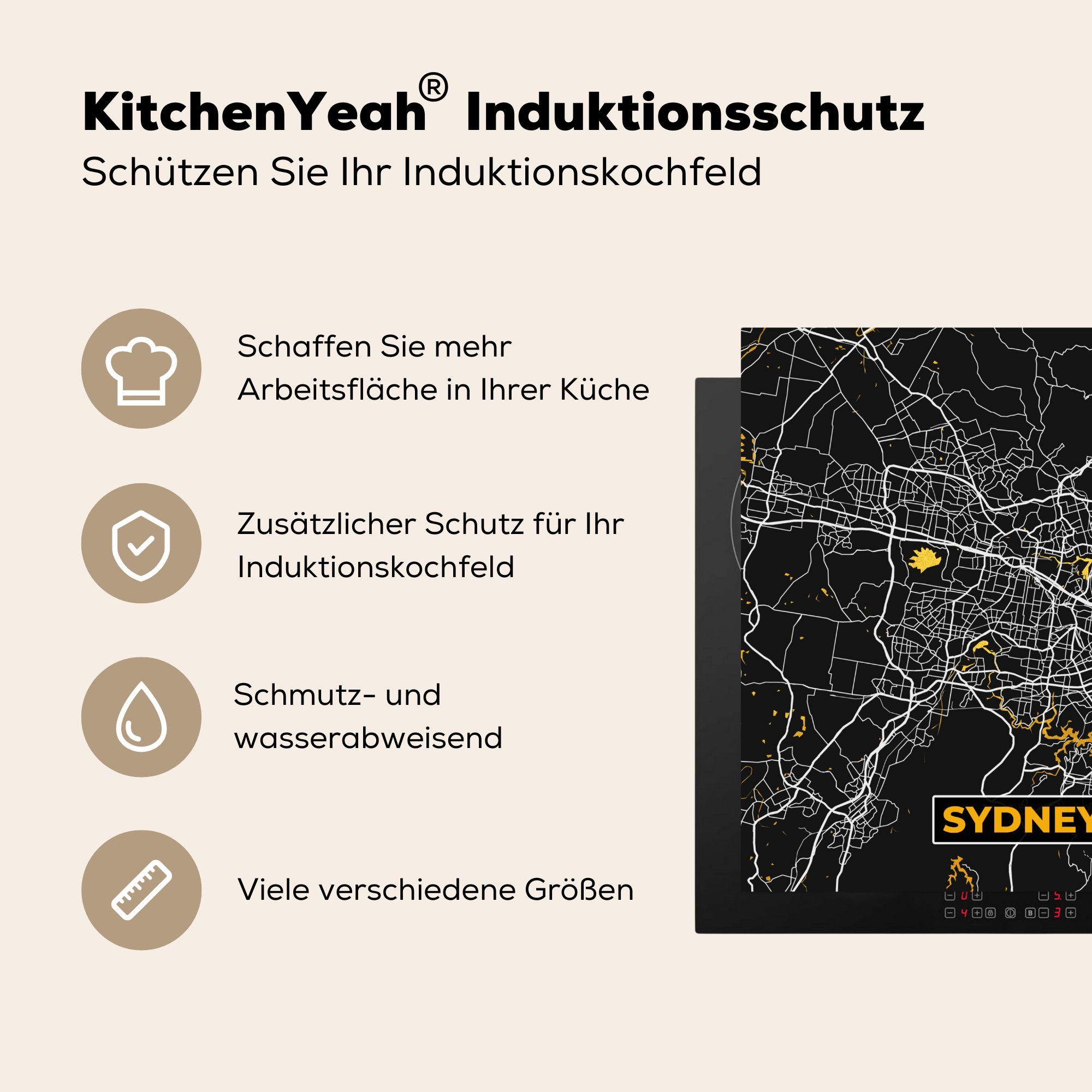 cm, Ceranfeldabdeckung, küche Arbeitsplatte MuchoWow Stadtplan, tlg), - Vinyl, (1 Gold Sydney - - Herdblende-/Abdeckplatte für Karte 78x78