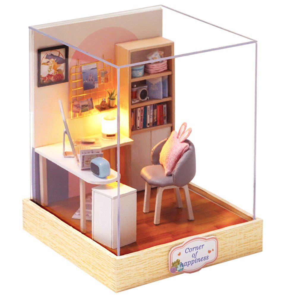 Mini Room Puzzleteile, hölzernes 3D-Puzzle 3D-Puzzle, Miniatur Puppenhaus zum Miniaturhaus Cute 1:24, Möbeln mit DIY Szenen basteln-Serie-Mini Arbeitsecke, Modellbausatz