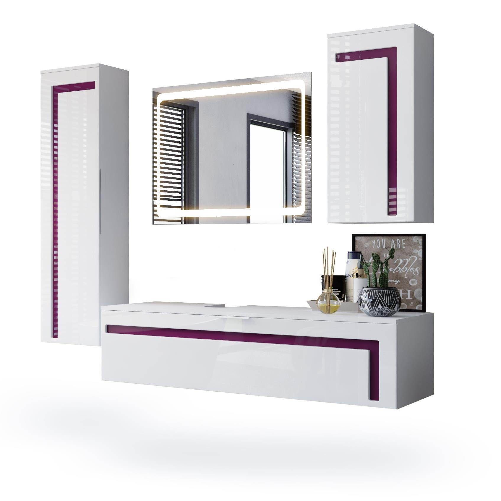 Vladon Badmöbel-Set Aloha, (Badezimmer-Set mit 2 Hochschränken, 1 Unterschrank und 1 LED Spiegel), Weiß matt&glänzend, Absetzungen in Brombeer glänzend (210x51x185 cm)