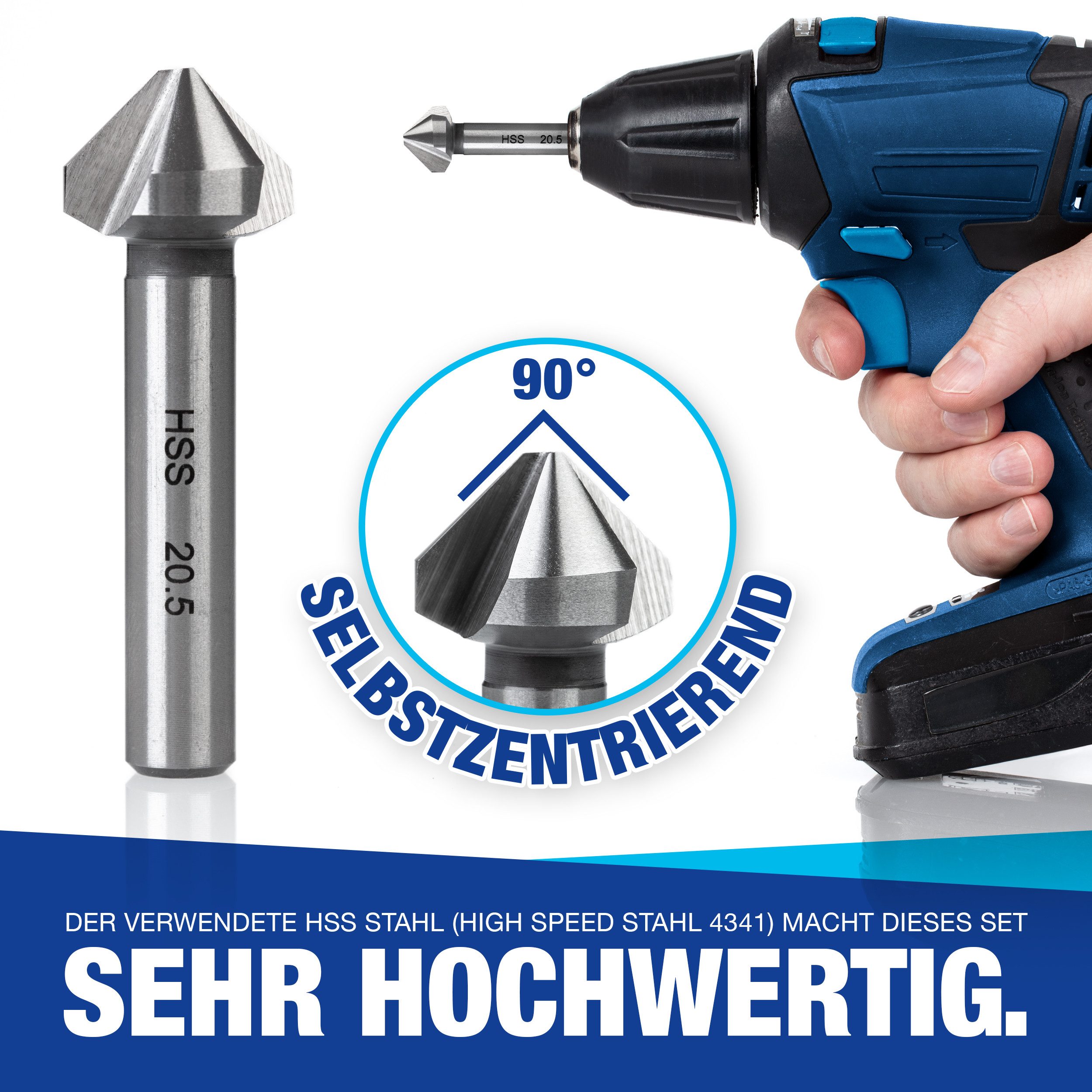 NTG Nutzfahrzeug Technik GmbH Kegelsenker Set 6,3-20,5 mm, 6-tlg, Kegelsenker 90°, HSS Stahl + Entgrater
