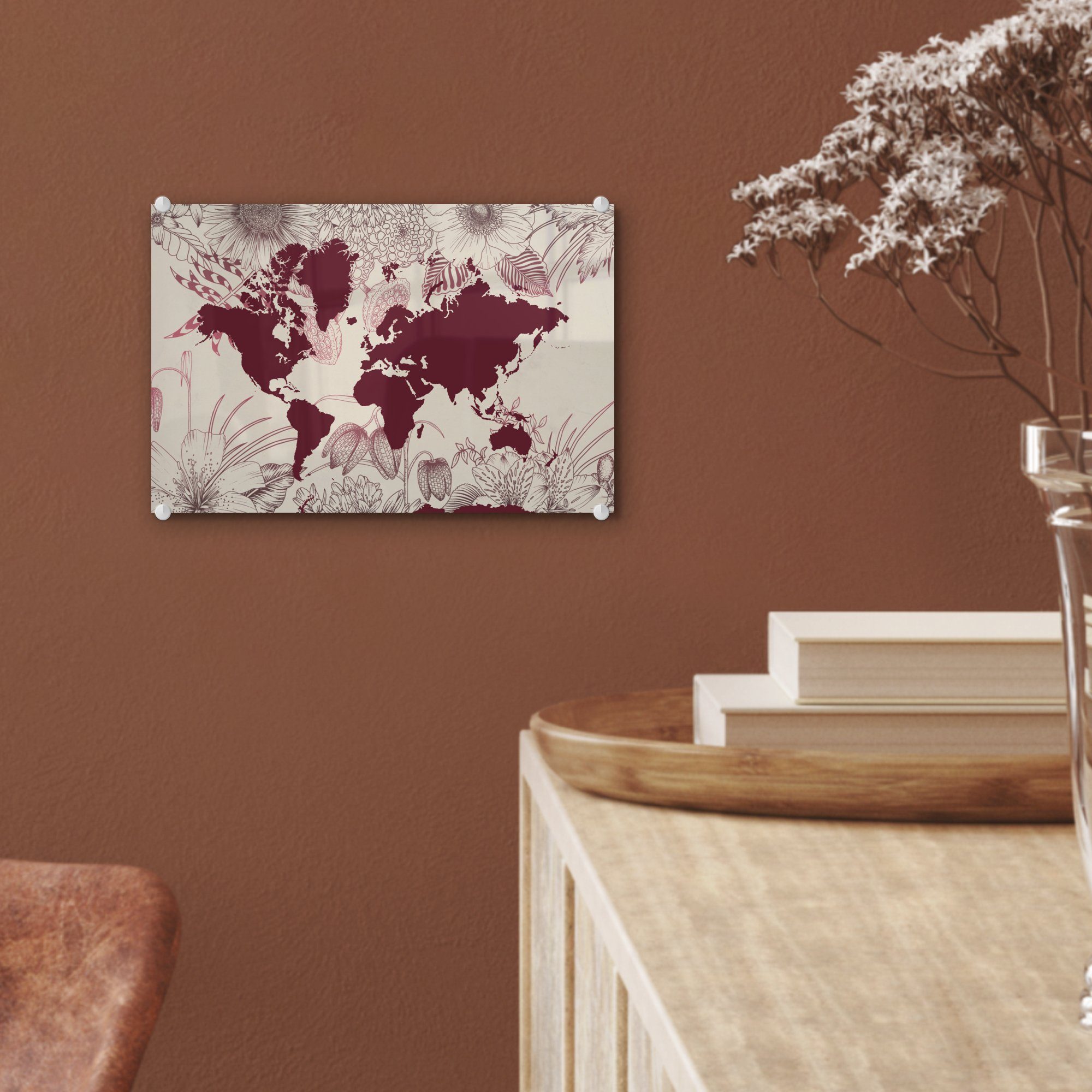 Rot Wanddekoration St), - Acrylglasbild - Weltkarte auf Blumen, Glas - Bilder MuchoWow - Foto (1 Wandbild auf Glasbilder Glas -
