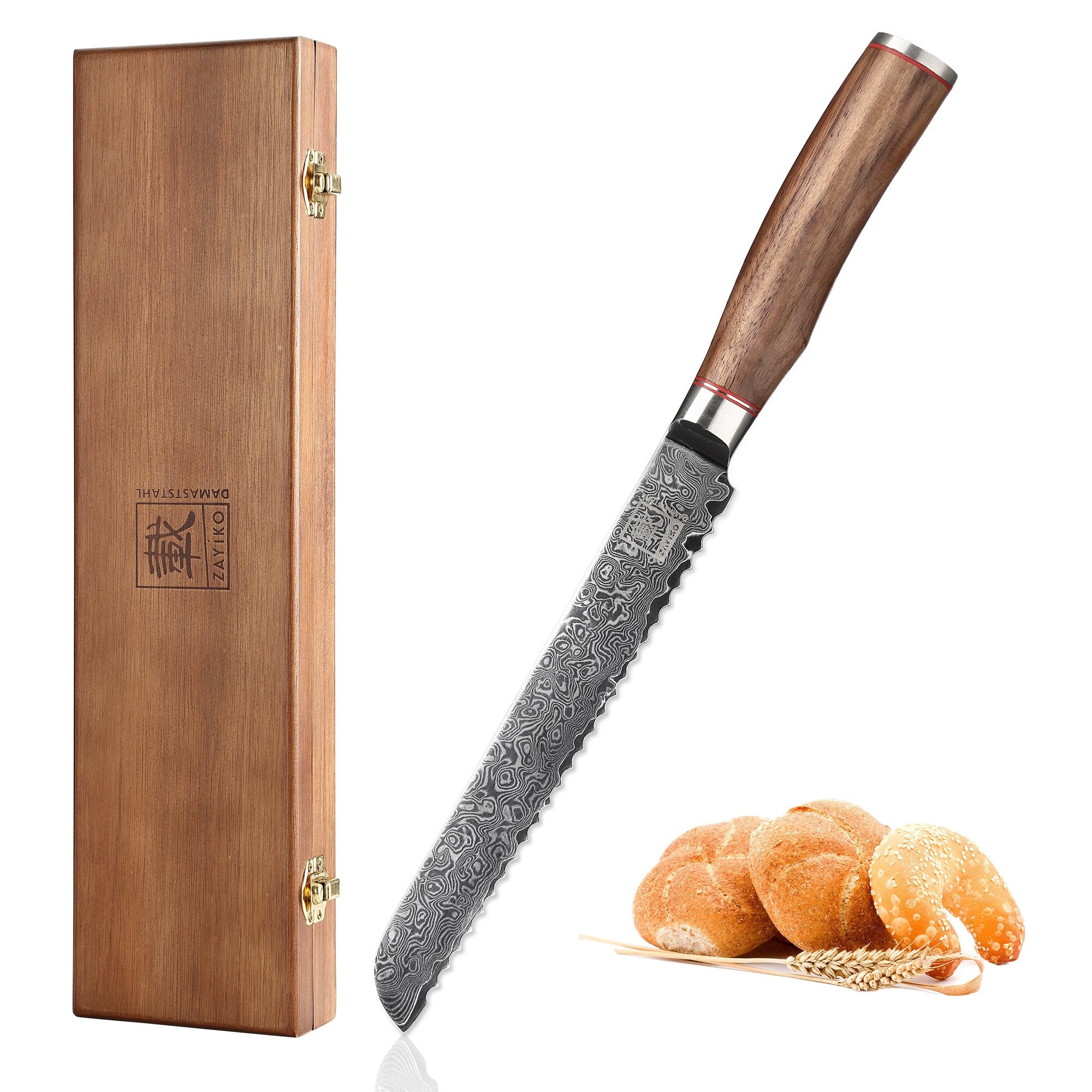 OTTO Brotmesser Kurumi Damast Brotmesser I 20 cm Klinge I Nussbaumgriff I Holzbox