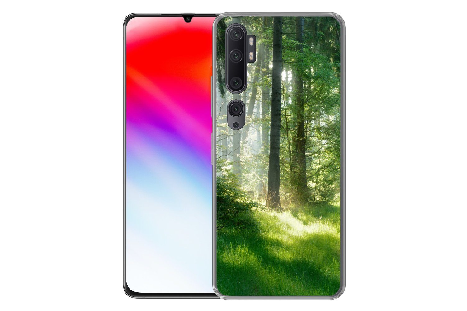 MuchoWow Handyhülle für Xiaomi Mi Note 10 Natur - Bäume - Wald - Grün - Sonne - Gras - Pfl