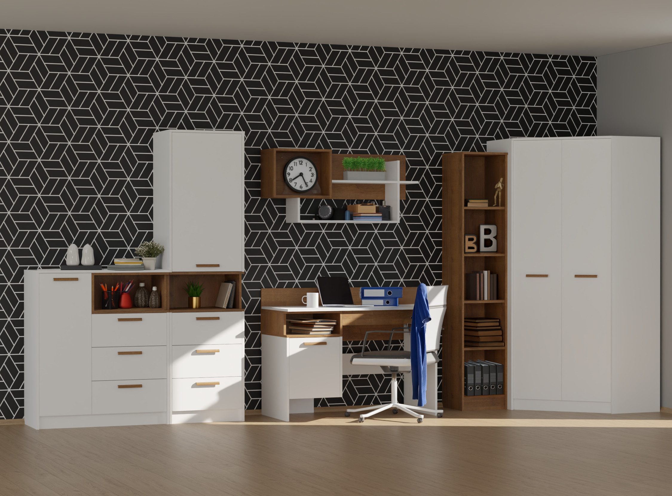 Marmex Möbel Mehrzweckschrank-Set Grant SET 08 Jugendzimmer Set Schrank Set weiß riviera, (6-St), Scharniere Soft-Close, Vollauszug der Schubladen, Kleiderstangen