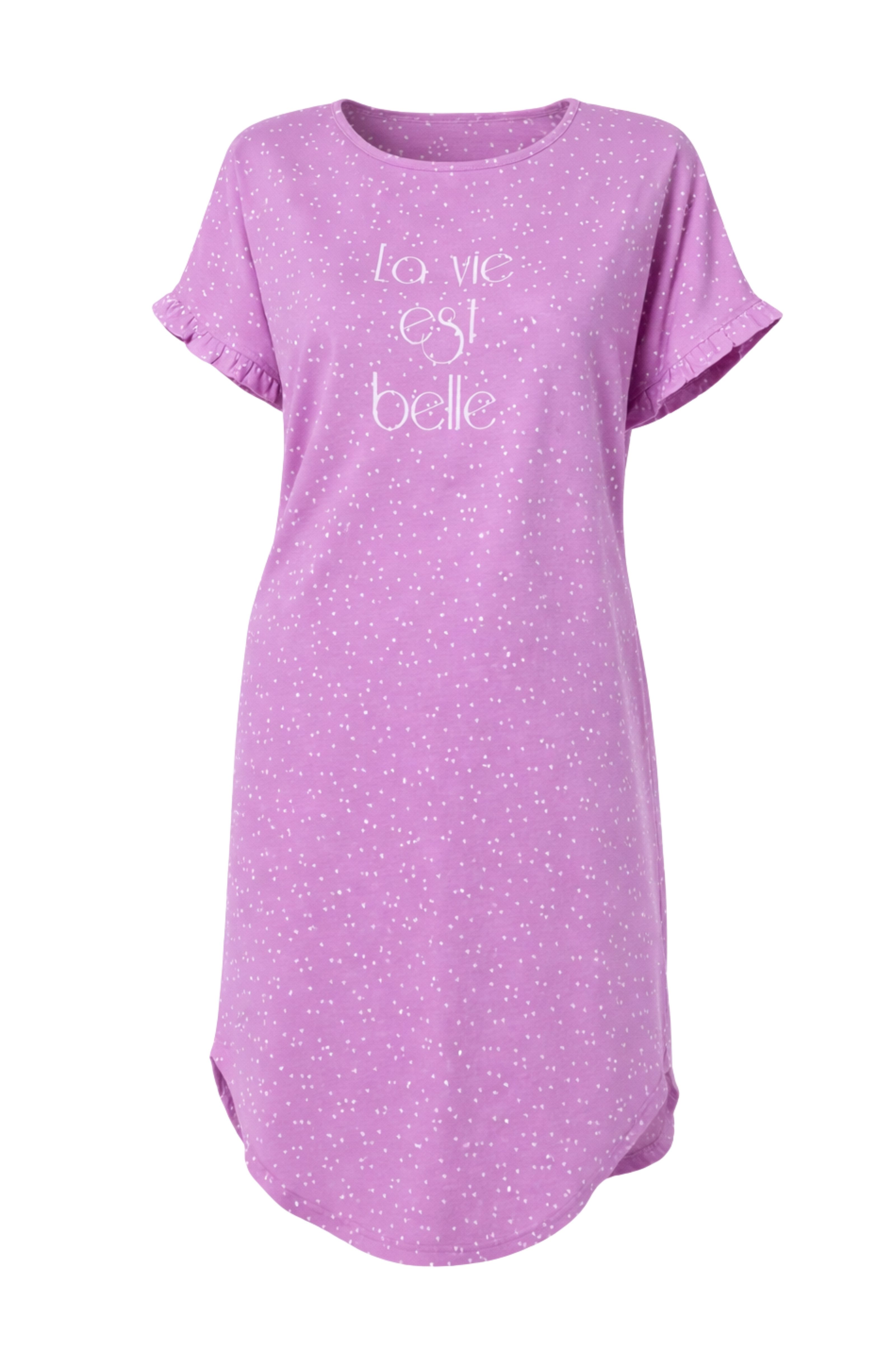 COOLISMO NIGHTWEAR Nachthemd Damen Schlaf-Shirt Baumwolle knielanges Nachthemd in Lila mit Muster & verspielten Rüschendetail