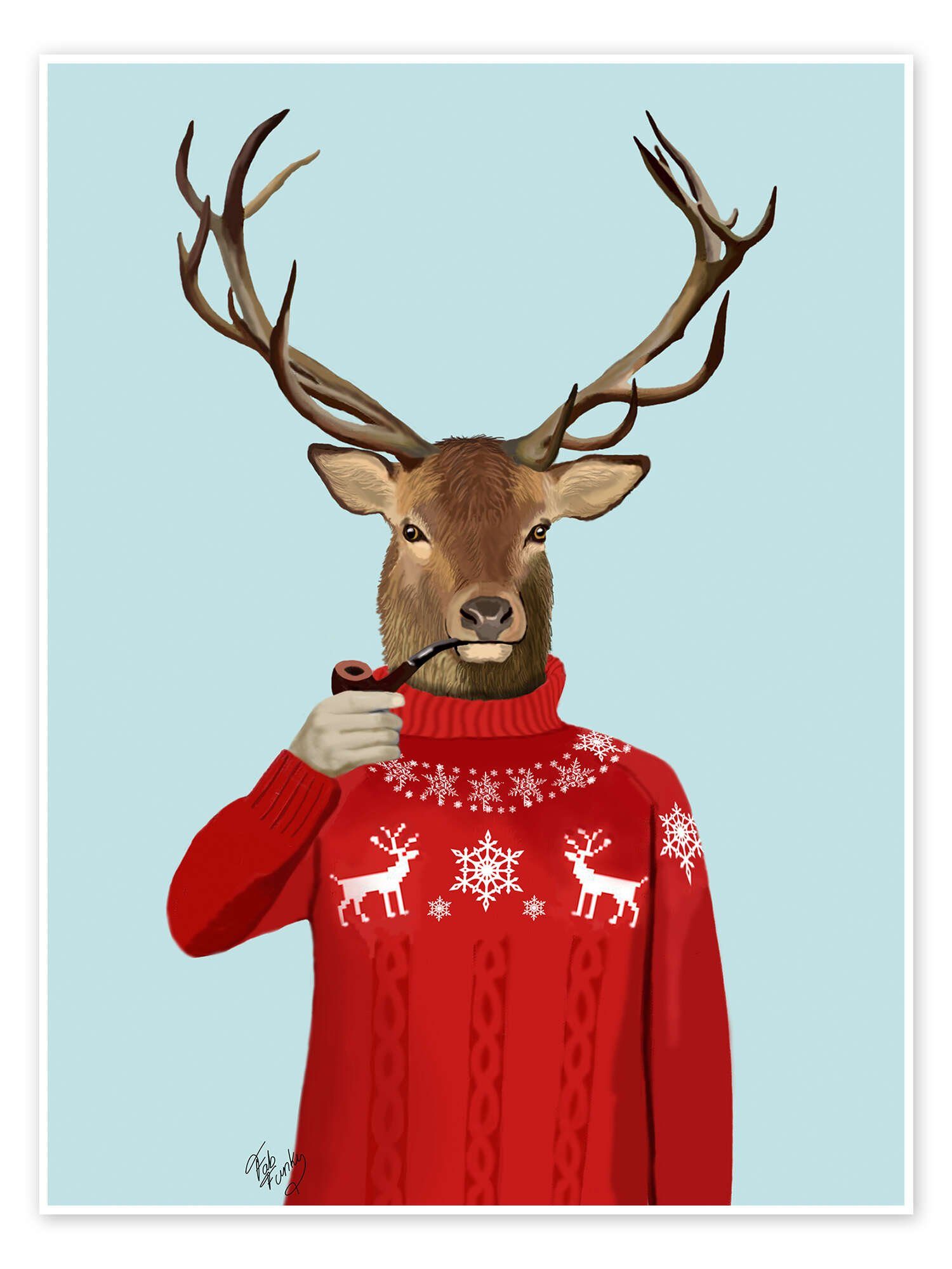 Posterlounge Wandbild Hirsch in Norwegerpulli, Fab Funky, erhältlich als Poster, Leinwandbild, Wandsticker oder Acrylglasbild