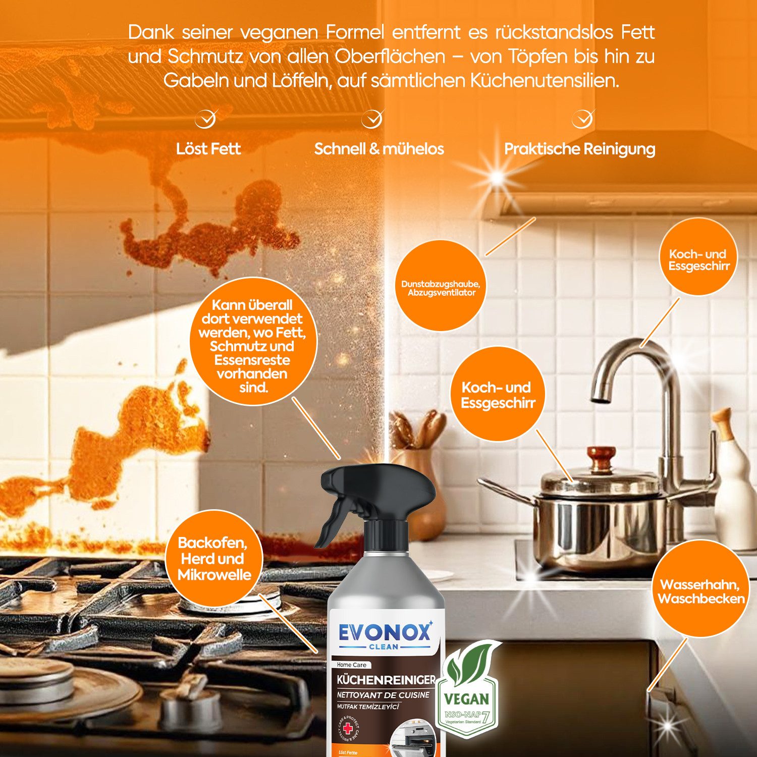 EVONOX ULTRA LEISTUNGSSTARKER KÜCHENREINIGER & FETTLÖSER 750ML SET 1,2,3,5 Küchenreiniger (Zitronenduft-Spray)