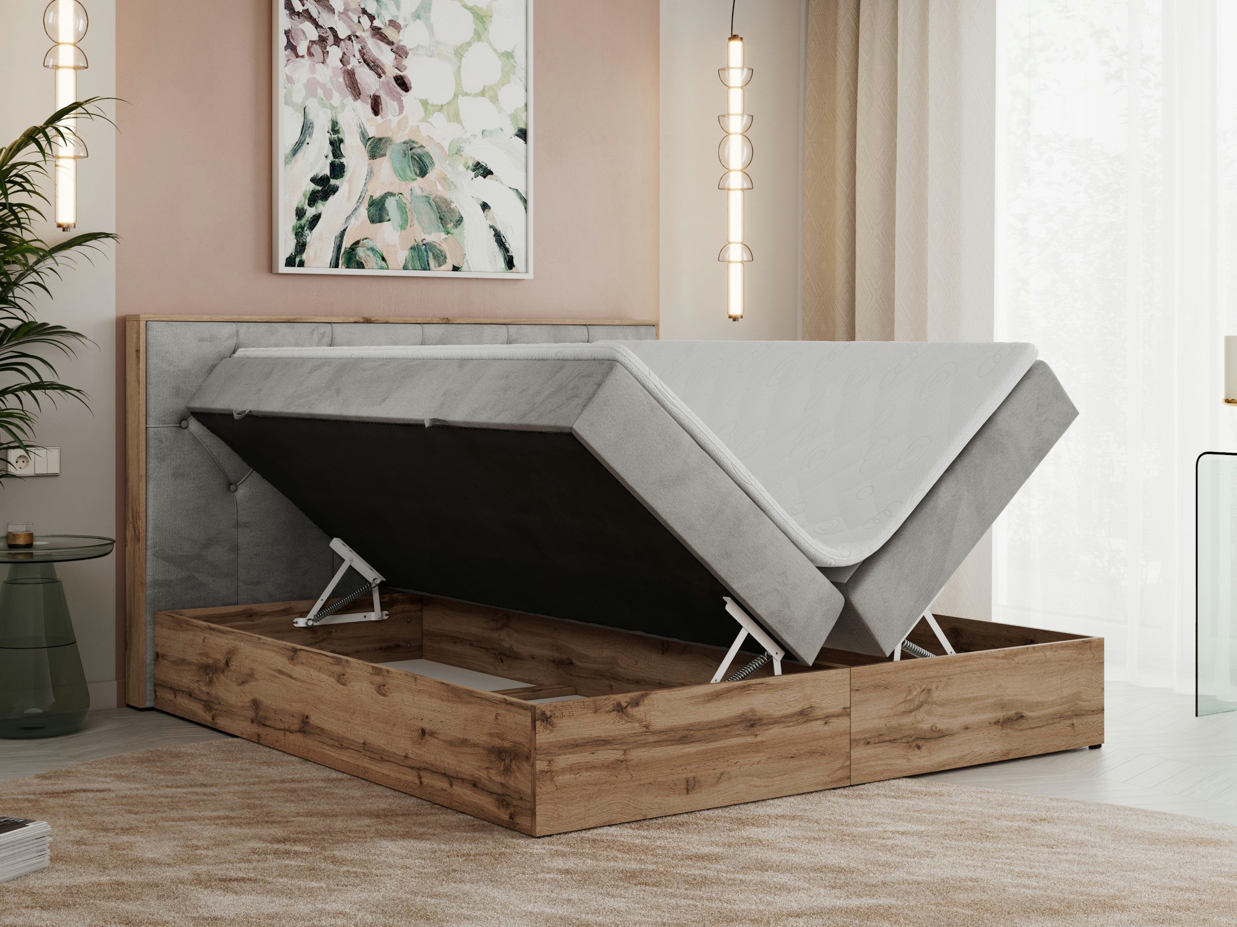 MKS MÖBEL Boxspringbett VENETO (Polsterbett, zwei Bettkästen, Topper T25/Visco, T30-Schaum), Multipocket Matratzen, Rahmen des Bettes in Eichen-Optik