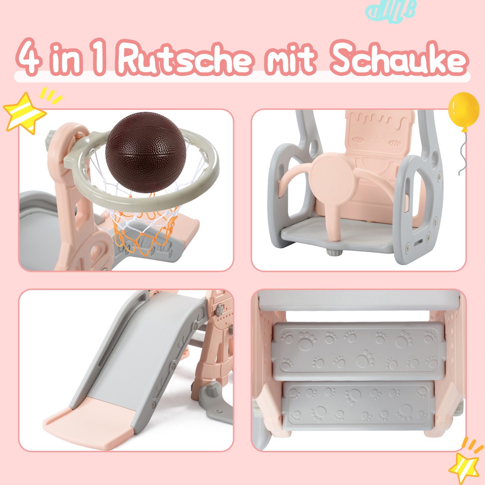 zebery Rutsche Kinderrutsche 4-in-1 Rutschen,Gartenrutsche mit Schaukel, Rosa Kleinkinderrutsche,Kletterleitern,Schaukeln, Basketballkörbe – Bild 5 von 5