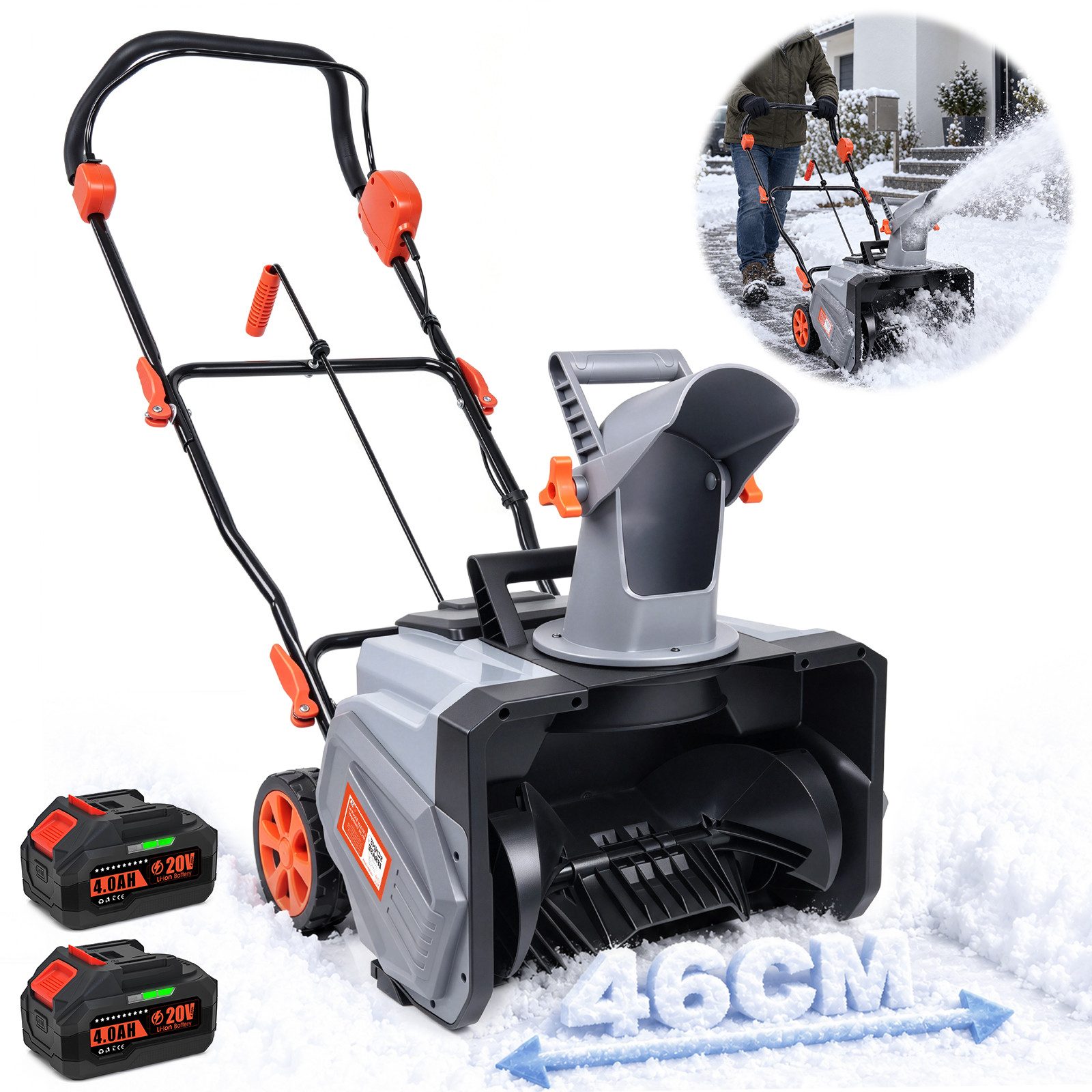 XIIW Akku-Schneefräse 1400W Elektro Schneeschieber mit 2×4Ah Akkus Bürstenlos Schneeschaufel, 46 cm Arbeitsbreite, (27cm Schneehöhe, 7m Wurfweite, 5m Wurfhöhe, 180° Auswurf), Schneeschleuder für Einfahrt, Gehweg, Hof