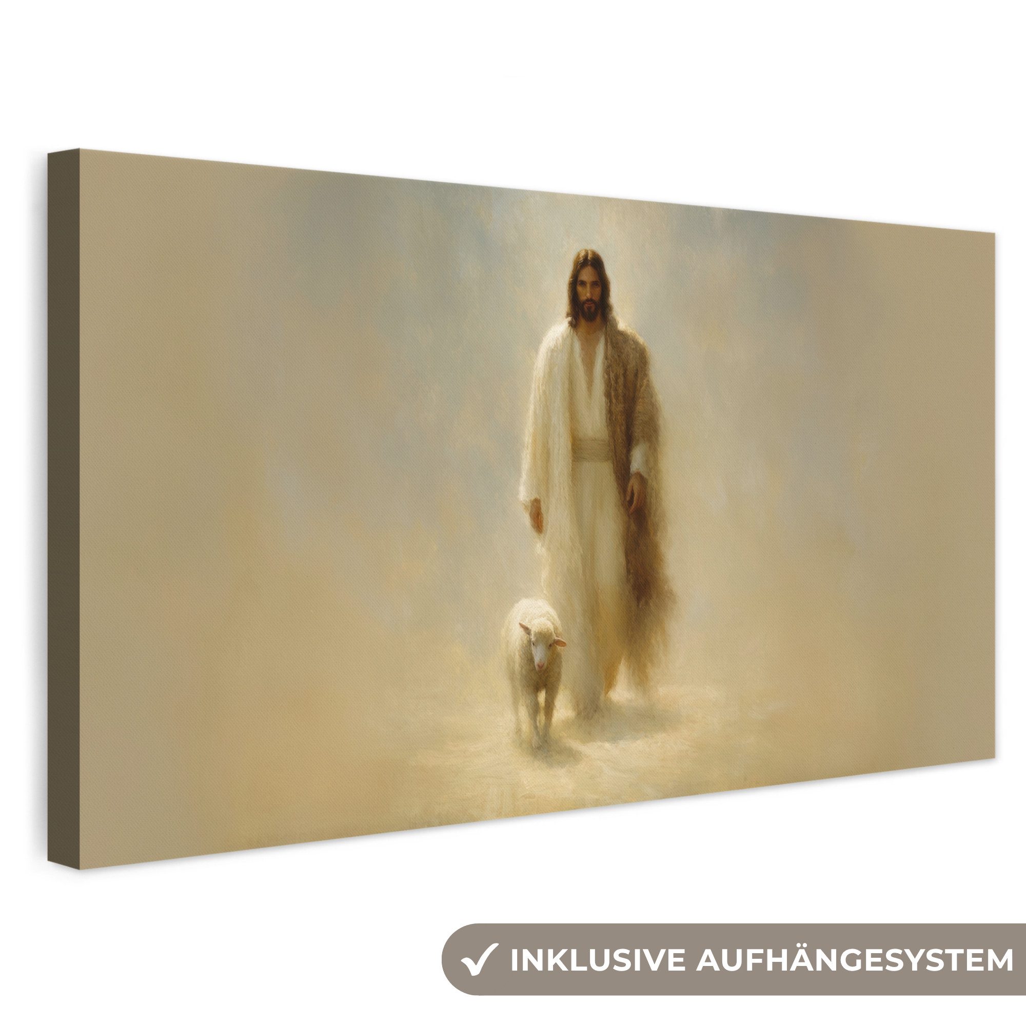 OneMillionCanvasses® Leinwandbild Panorama Schaf - Jesus - Pinselstriche - Abstrakt, Fotodruck (1 St), Wandbild, Deko Schlafzimmer Wohnzimmer Flur 40x20 cm
