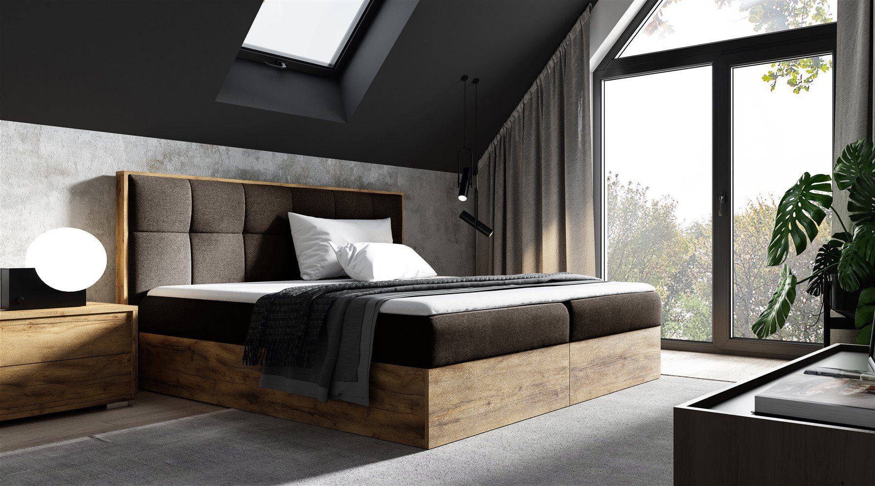 Fun Möbel Boxbett Schlafzimmerbett THANOS Überlänge (220cm) in Stoff Faro (auch in Standardlänge erhältlich, inkl. Kaltschaumtopper und Topper), Lancelot-Eiche-Optik