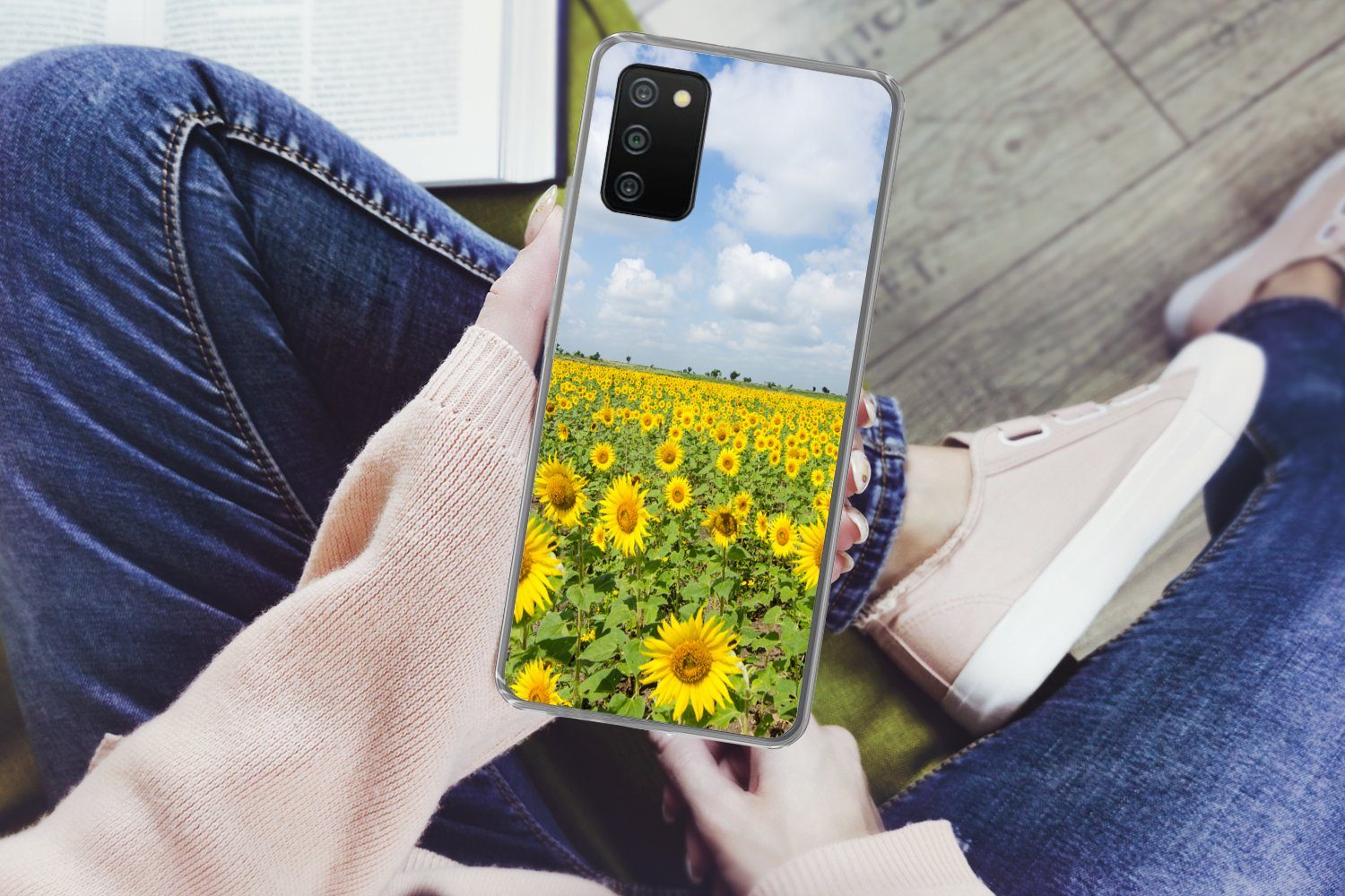 MuchoWow Handyhülle für Samsung Galaxy A03s Sonnenblumen - Blumen - Wolken - Natur - Gelb, Smartphone-Bumper, Print, Handy Schutzhülle Dünn
