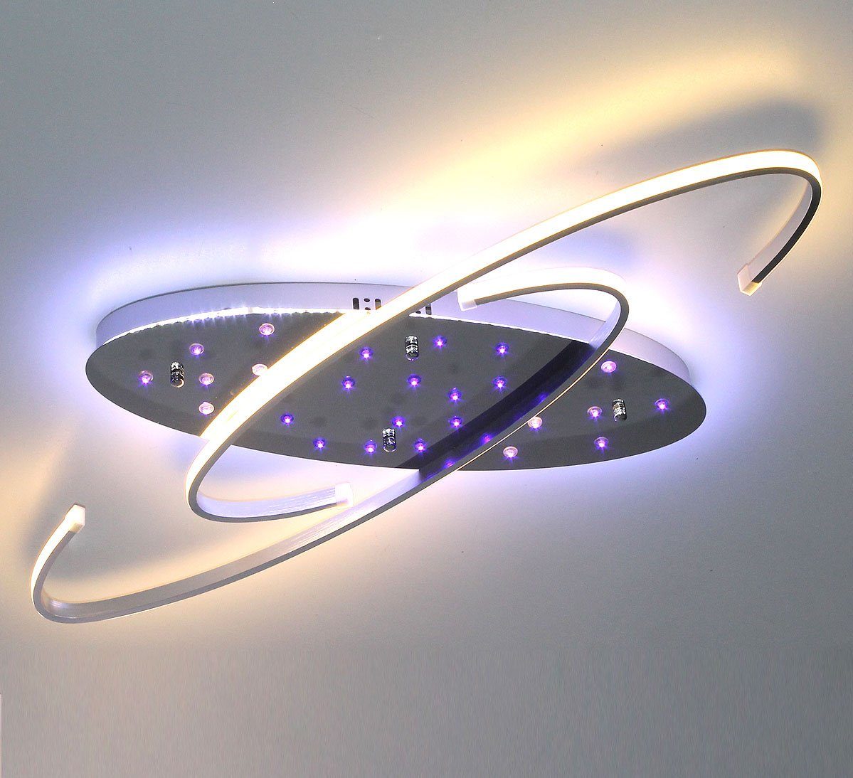 Lewima LED Deckenleuchte Tibro, XXL 80cm Sternenhimmel Deckenlampe mit RGB  Farbwechsel oval, LED für Hauptbeleuchtung in Warmweiß, Subbeleuchtung der  Decke in Kaltweiß, mit Fernbedienung und Stufenschaltung
