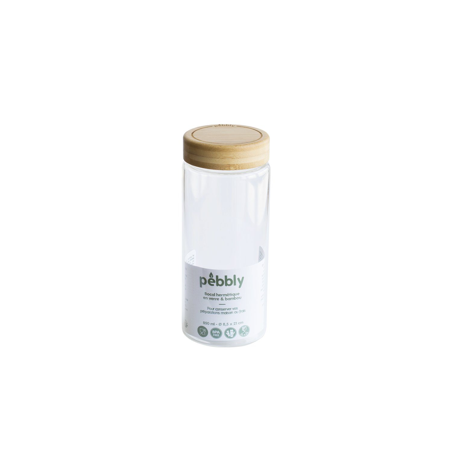 Pebbly Vorratsdose Pebbly Glasbehälter mit Bambusschraubdeckel 850 ml, Borosilikatglas, Bambus, Silikon