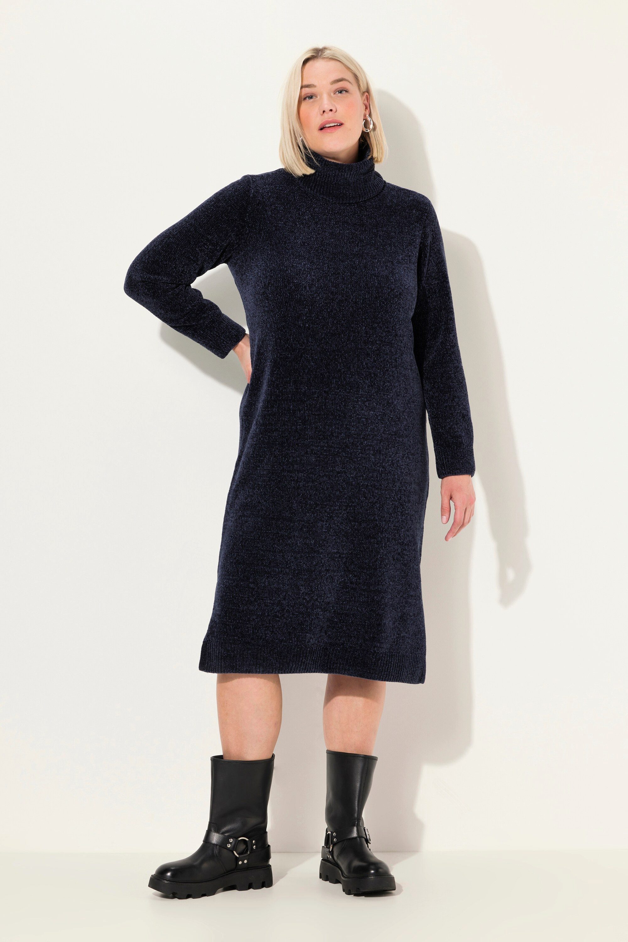 Ulla Popken Midikleid Chenille-Kleid Strukturstrick Rollkragen Langarm
