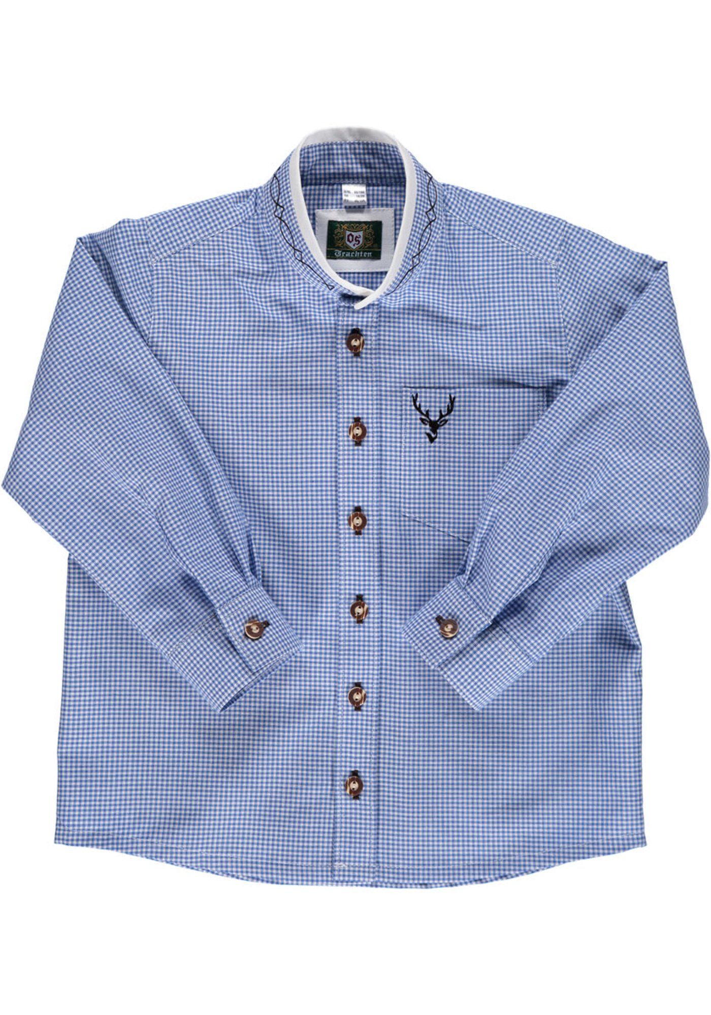 Brusttasche Trachtenhemd Langarmhemd der Jungen auf mit OS-Trachten Smaku Hirsch-Stickerei