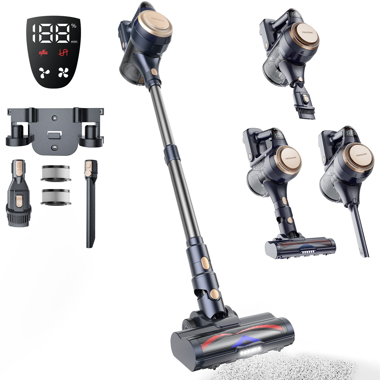 Proscenic Akku-Hand-und Stielstaubsauger P11 Lite 40kPa/450W starke Saugkraft, 50 Min Akkulaufzeit, 450 W, beutellos, 180° flexible rotierende Bürste, 3s zum Aus- und Einfahren
