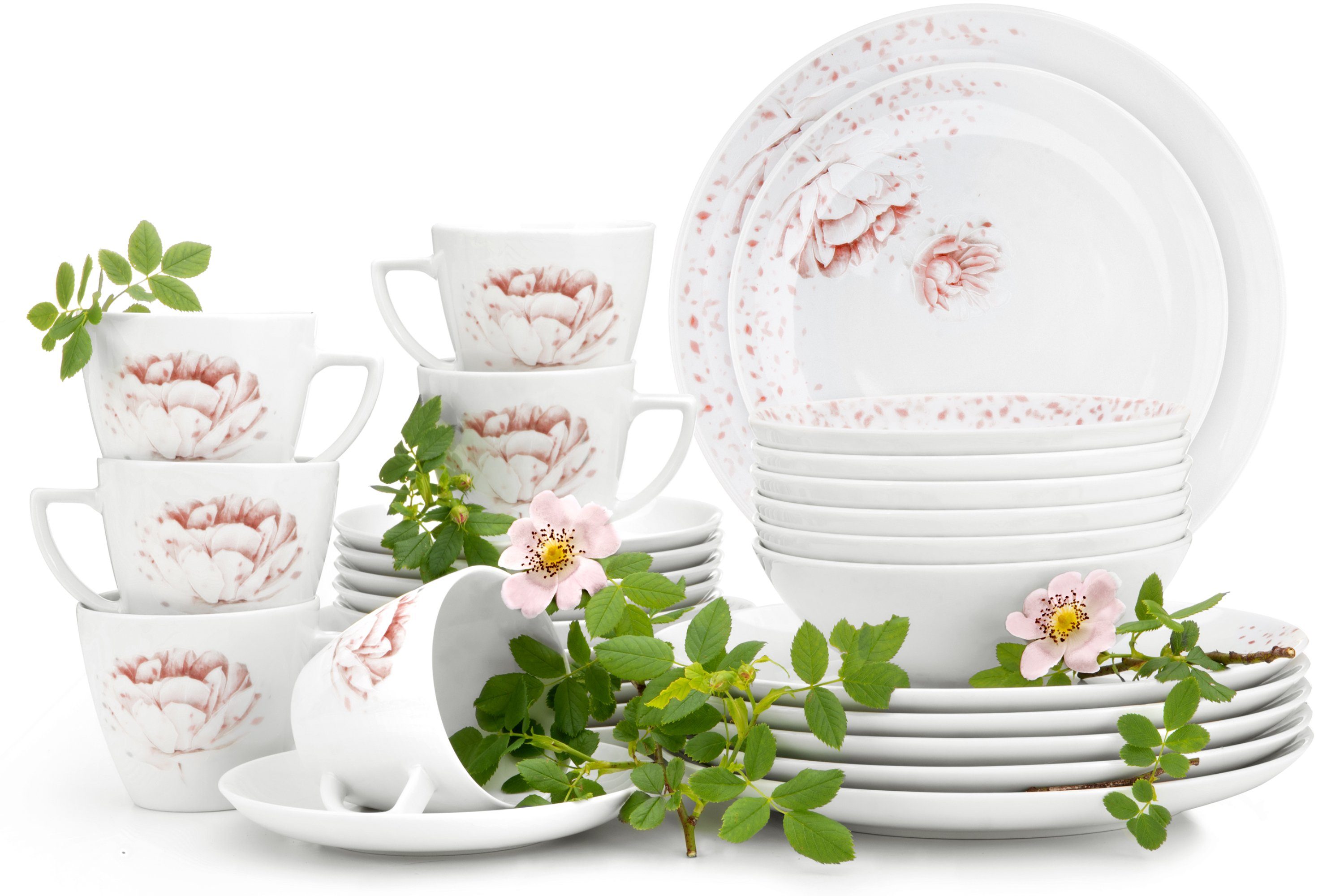 KONSIMO® Kombiservice BOSS Tafelservice & Kaffeeservice (30-tlg), 6 Personen, Porzellan, rund, 350ml