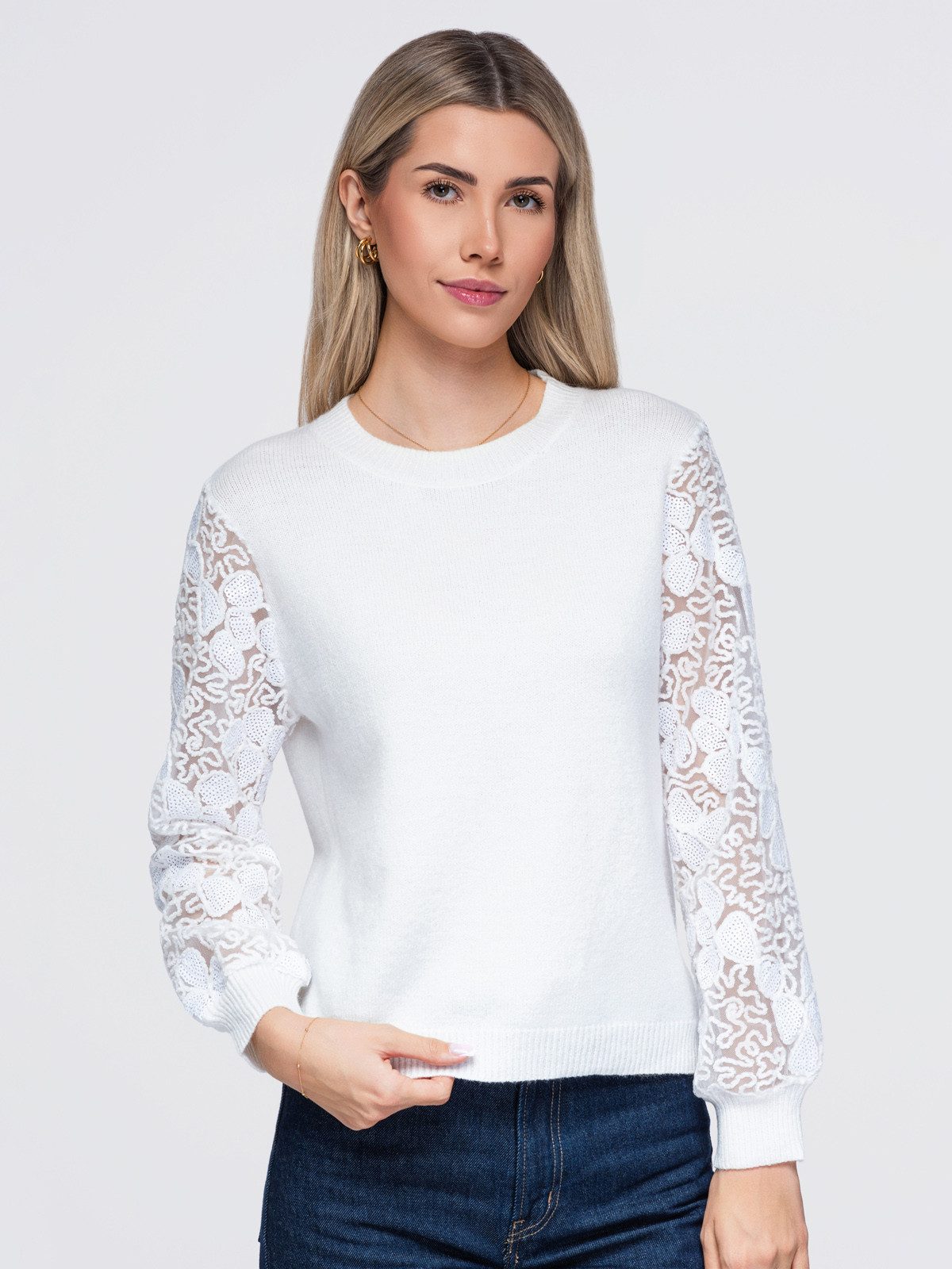 OMBRE Rundhalspullover Damen Rundhalspullover mit transparenten Ärmeln Weiß ONESIZE (kein Set, 1-tlg) mit Alloverdruck