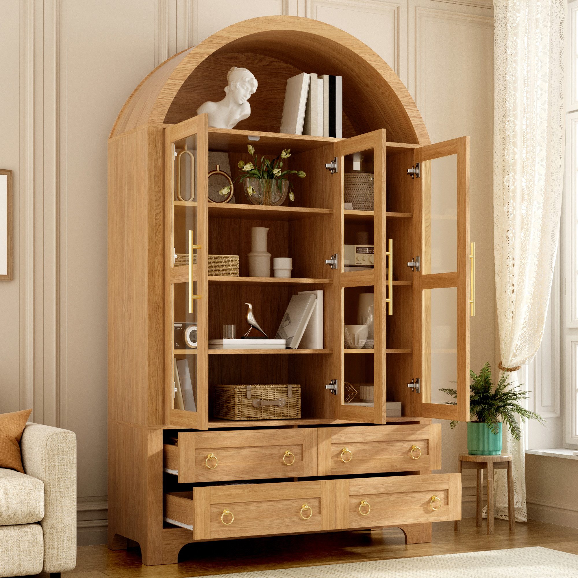 Merax Hochschrank Bogen-Mehrzweckschrank Glasvitrine mit Aluminiumgriffen (Anrichte Sideboard Aufbewahrungsschrank, 1-St., 110 L x 40 B x 185 H cm) Wohnzimmersc – Bild 2 von 5