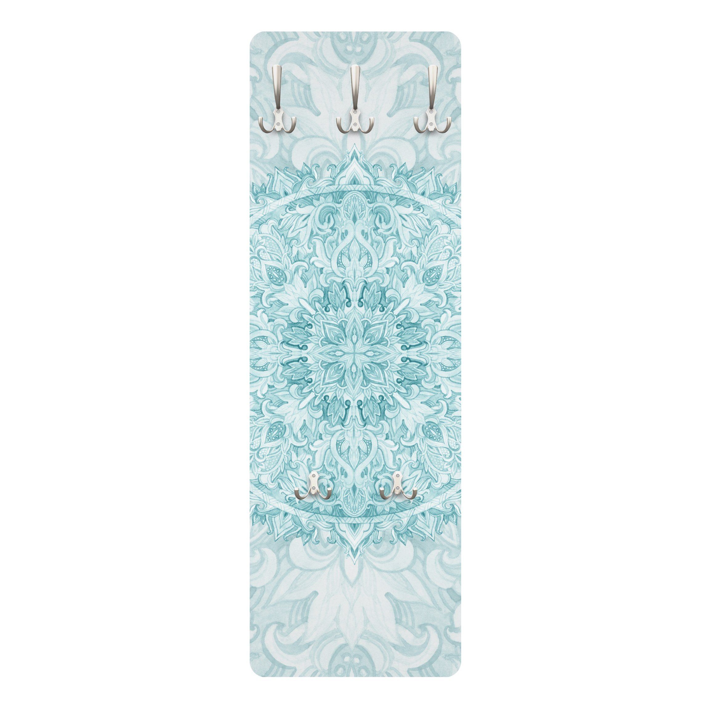 Bilderdepot24 Garderobenpaneel türkis Kunst Muster Spirituell Mandala Aquarell Ornament türkis (ausgefallenes Flur Wandpaneel mit Garderobenhaken Kleiderhaken hängend), moderne Wandgarderobe - Flurgarderobe im schmalen Hakenpaneel Design