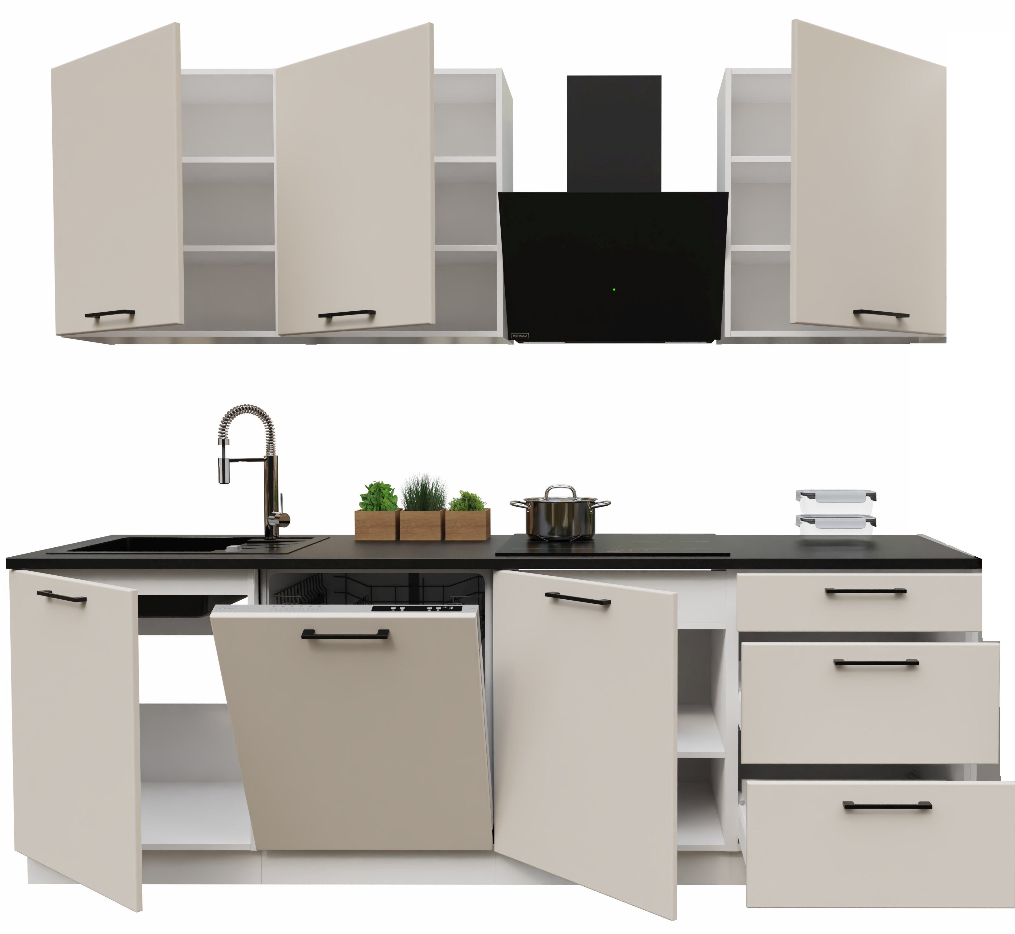 Möbel für Dich Küchenzeile Moderne Einbauküche Denis 240 cm 7-teilig, mit Fronten in Hochglanzweiß oder Mattbeige