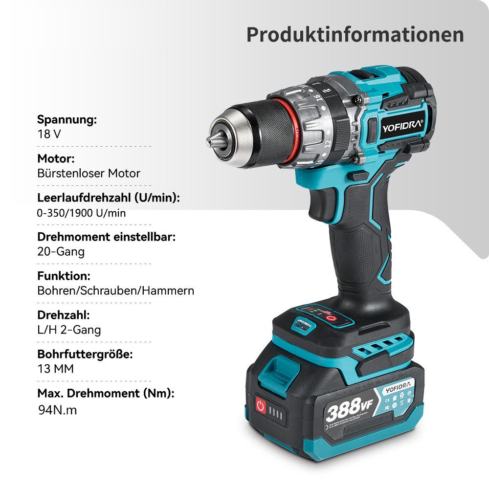 ONEVAN Akku-Bohrschrauber Schlagbohrschrauber 3-in-1 Bürstenlos Bohrmaschin günstig online kaufen
