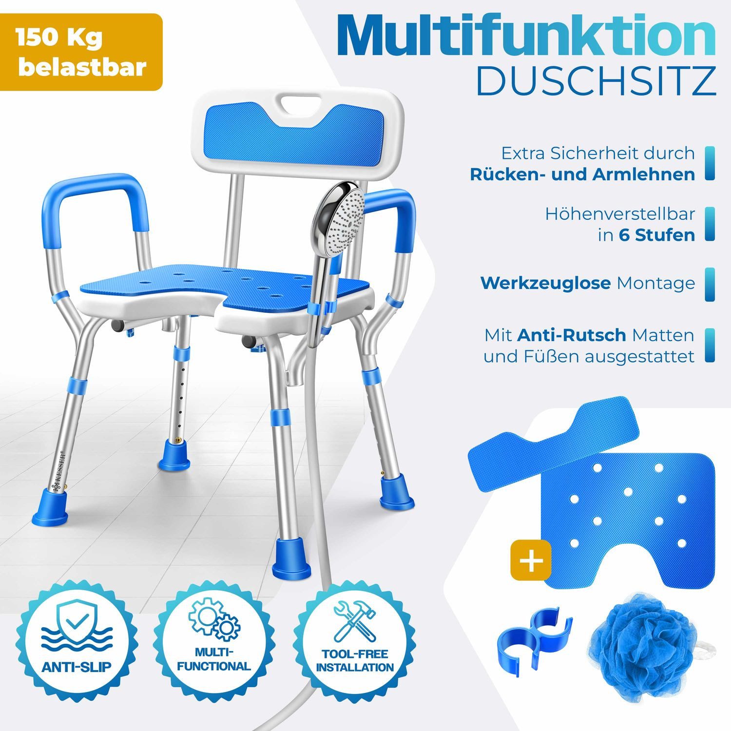 KESSER Badhocker Duschhocker mit Lehne höhenverstellbar in 6 Stufen 38-54cm (Duschstuhl mit Brausehalterung, Anti-Rutsch Füße & Matten), Duschsitz 150KG belastbar Duschhilfe Senioren & Schwangere