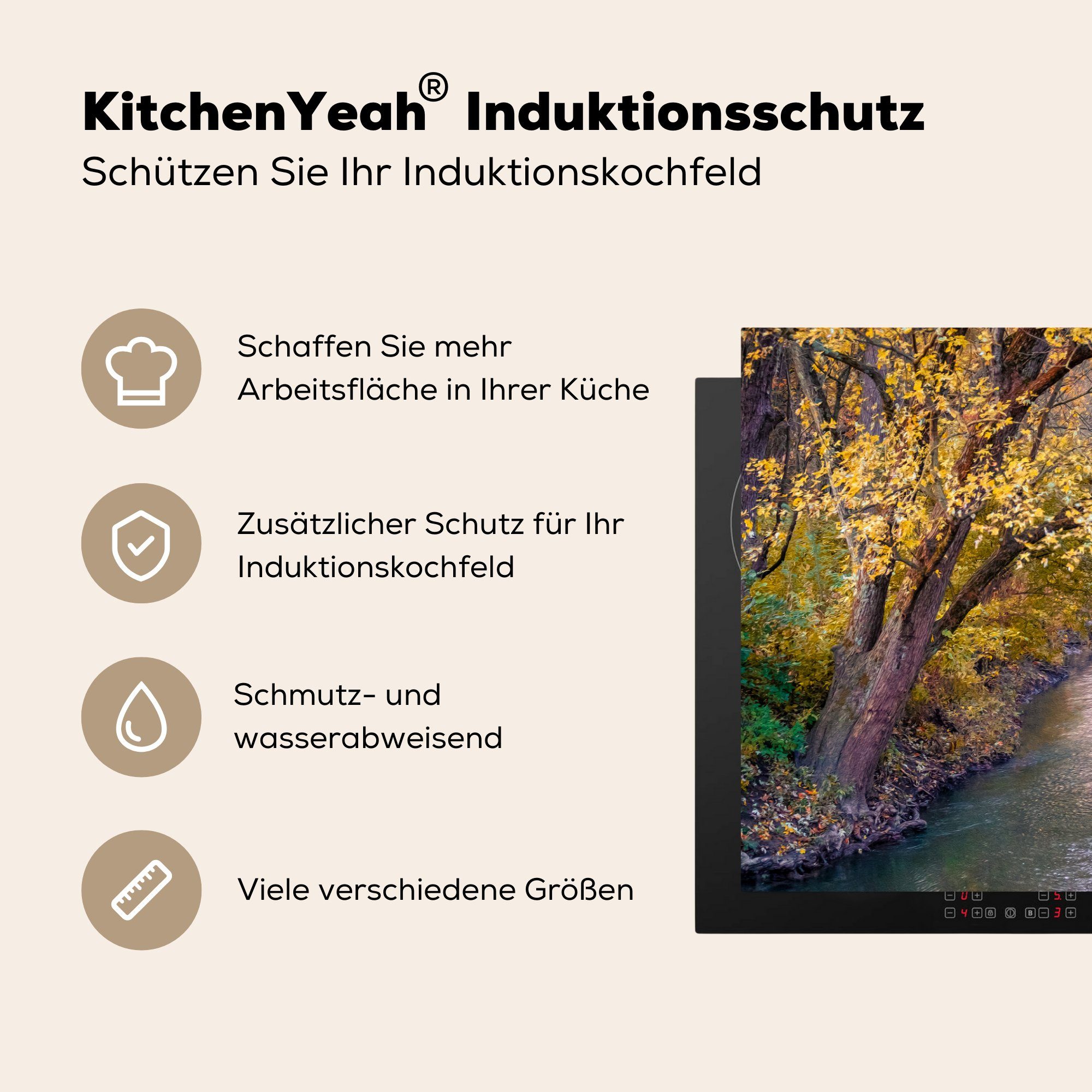 herbstlichen küche, für in Fluss Vinyl, die durch Induktionskochfeld (1 tlg), Ceranfeldabdeckung Illinois, MuchoWow Wald cm, Herdblende-/Abdeckplatte 81x52 Schutz