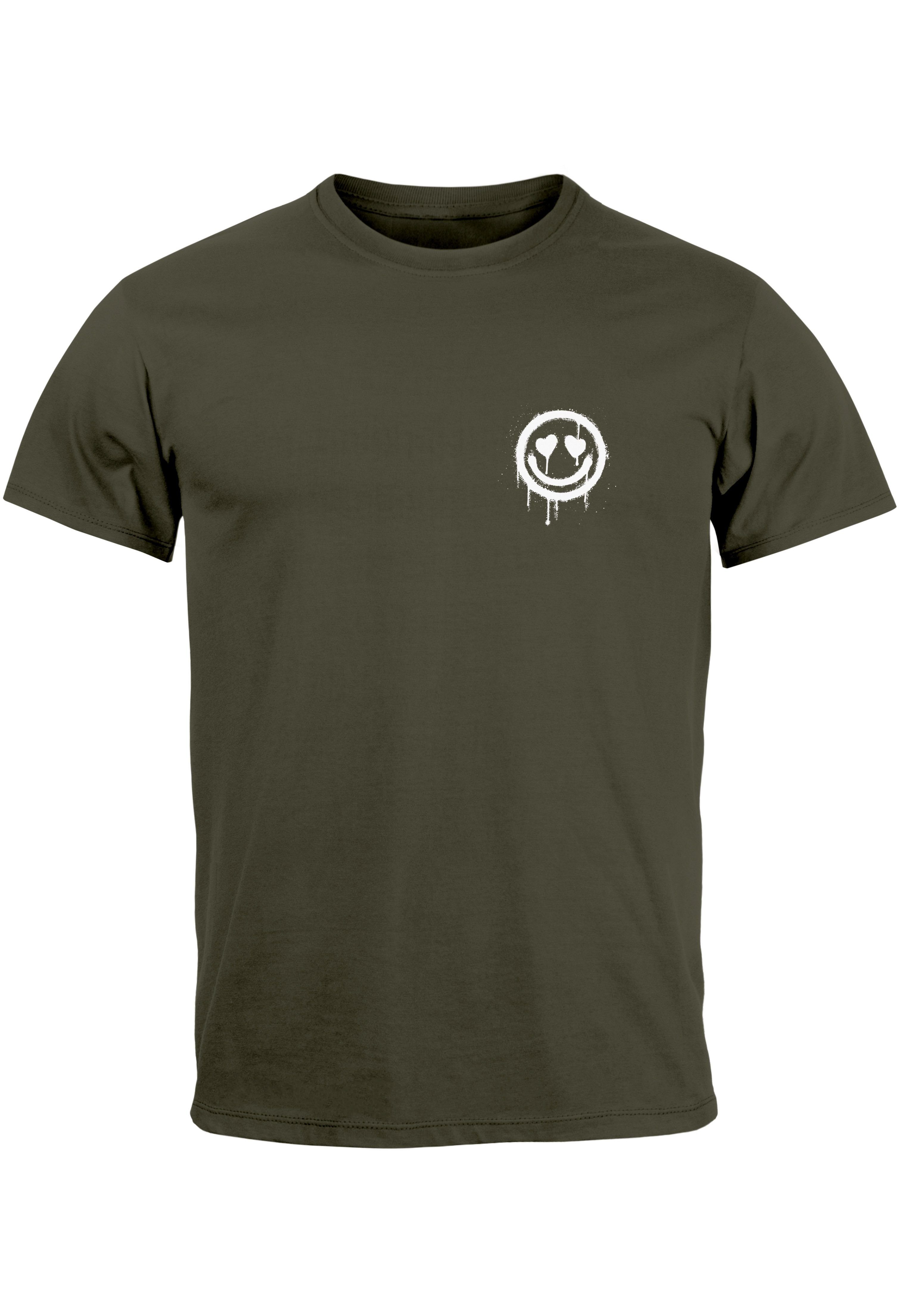Neverless Print-Shirt Herren T-Shirt Print Aufdruck Motiv Drip Face Drippy Smile Herz-Augen mit Print army