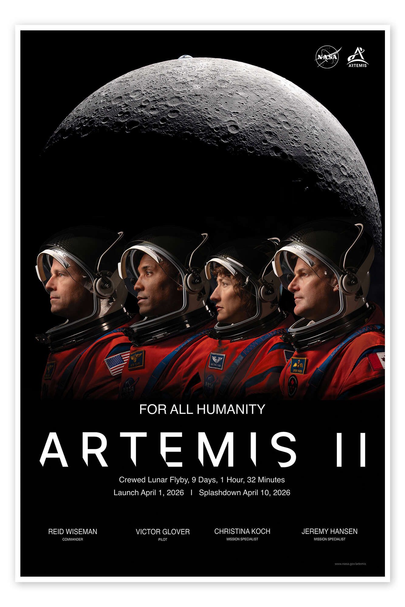 Posterlounge Wandbild Artemis II Crew - For All Humanity, NASA, erhältlich als Poster, Leinwandbild, Wandsticker oder Acrylglasbild