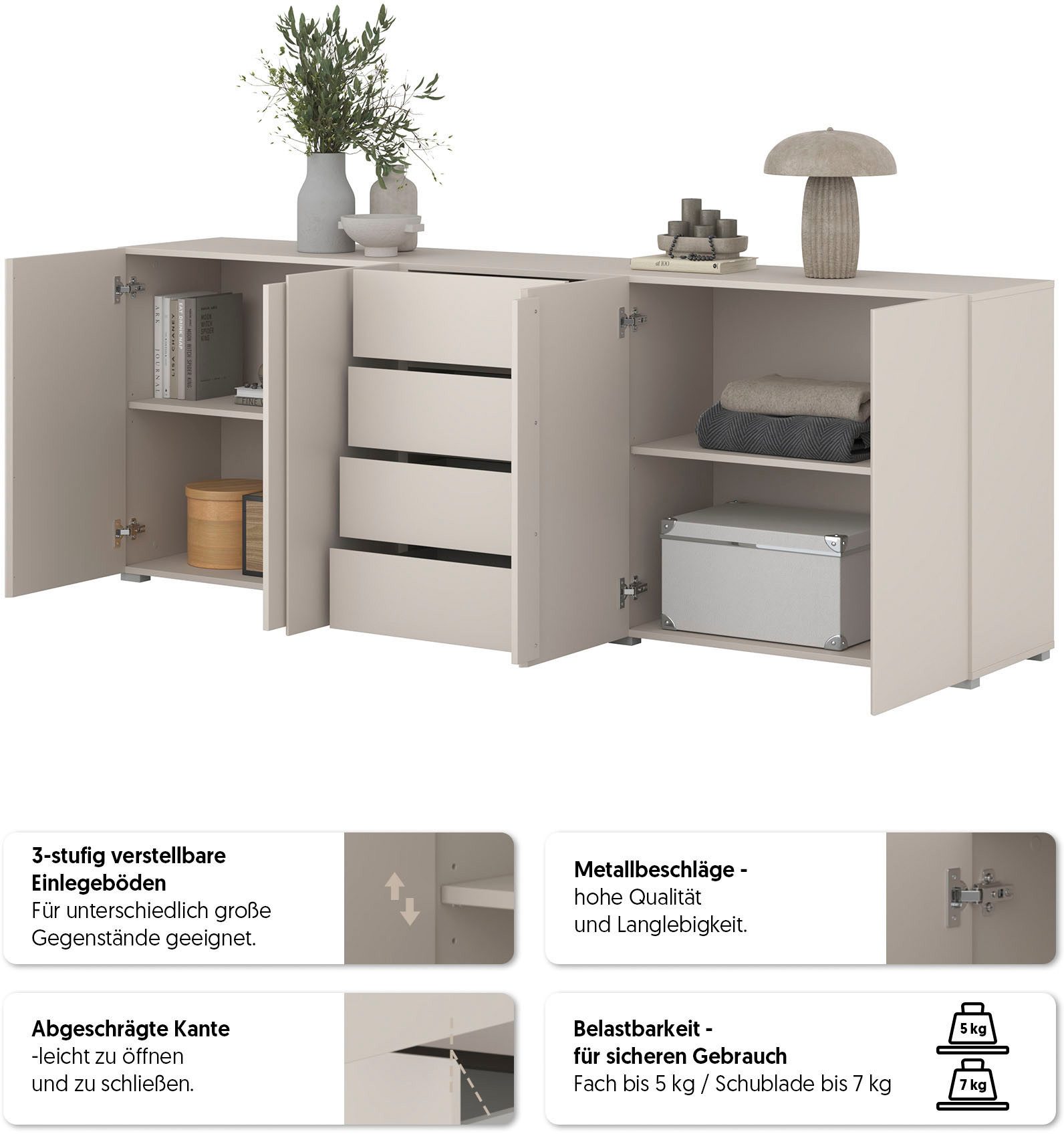 OTTO home Sideboard Metric,Breite 222 cm, grifflose Kommode 4 Türen/4 Schubkästen, Schubladenschrank mit viel Stauraum, Einlegeböden verstellbar