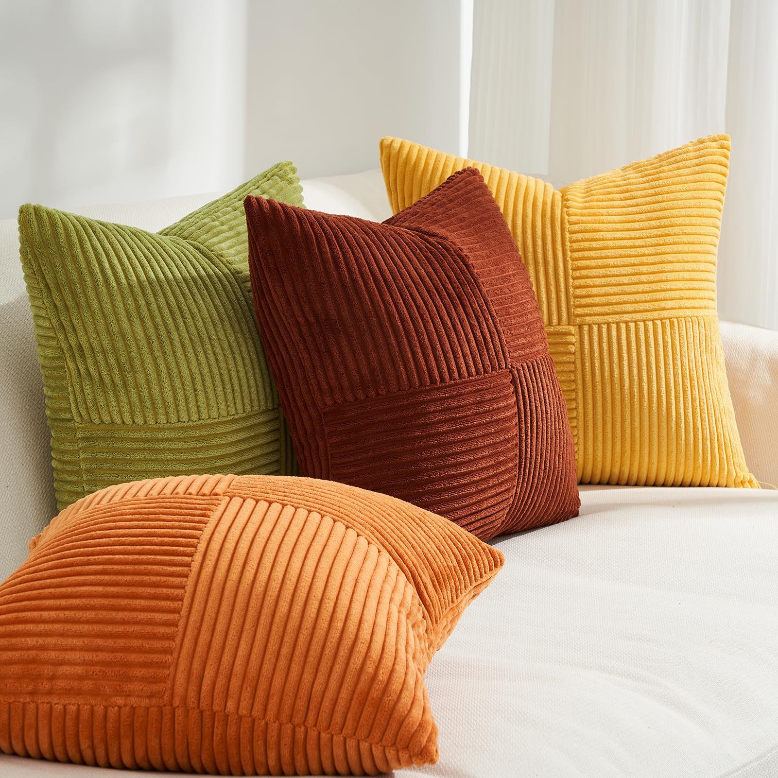 Topfinel Kissenbezug 40x40 4er set Kissenbezüge 50x50 Kordsamt mit Streifen deko Sofa, kissenbezug Gelb-Orange Farbverlauf Schlafzimmer Weich Hautfreundlich