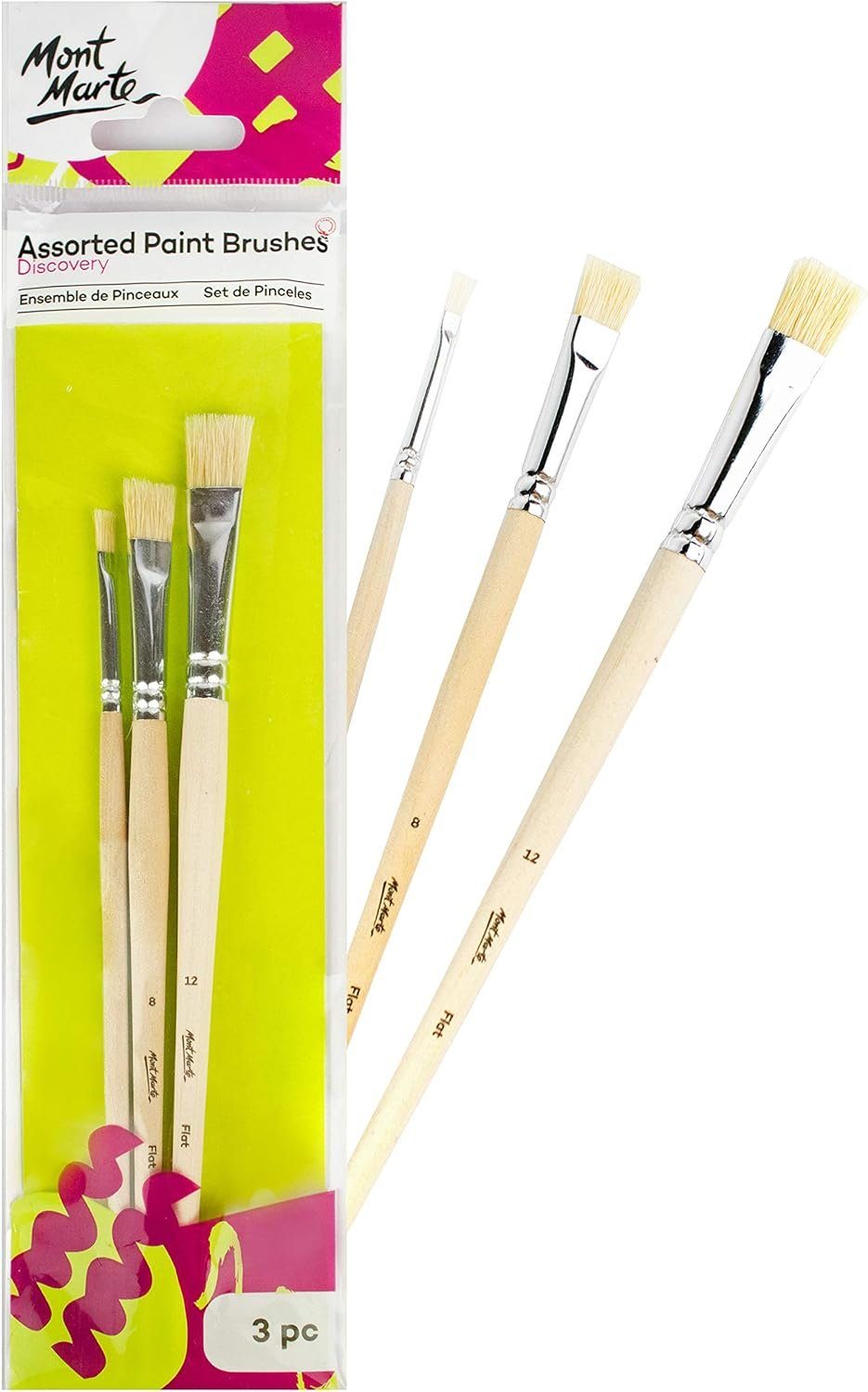 Mont Marte Malpinsel Set 3-teilig – Borstenpinsel Set in Größen 4 / 8 / 12, (3 St), Pinselset für Anfänger, Flachpinsel für Öl-, Acrylfarben, Gouache