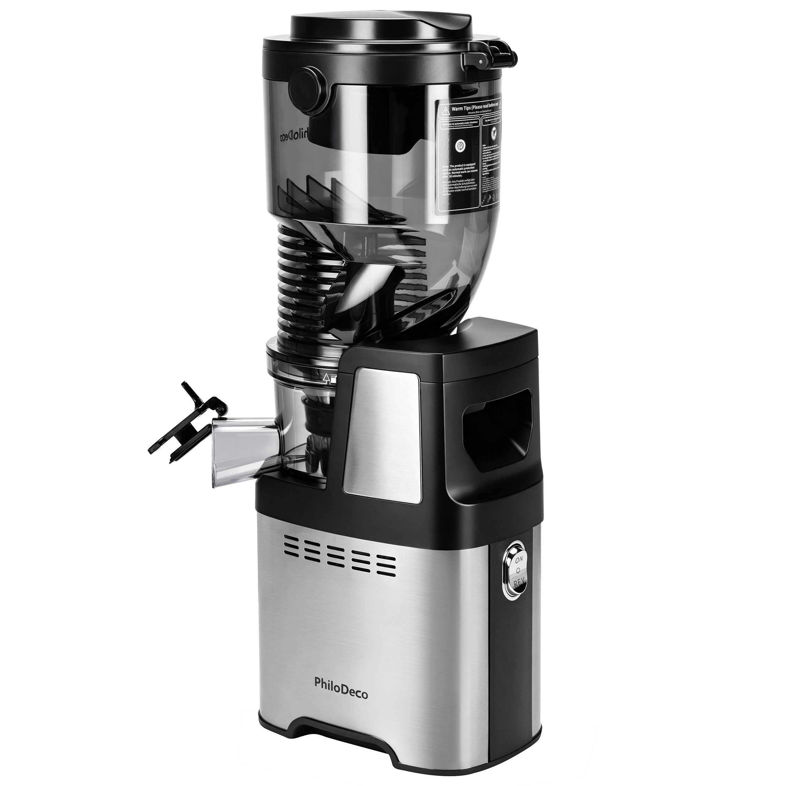 WHEELYOU Slow Juicer Kaltpress-Entsafter mit 9,5-cm-Einfüllöffnung für ganze Früchte, 250 W, Bis zu 90 % Saftausbeute, getrennte Auslässe, einfache Reinigung