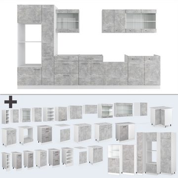 Vicco Küchenzeile R-Line, Beton/Weiß, 350 cm mit Hochschrank, AP Anthrazit