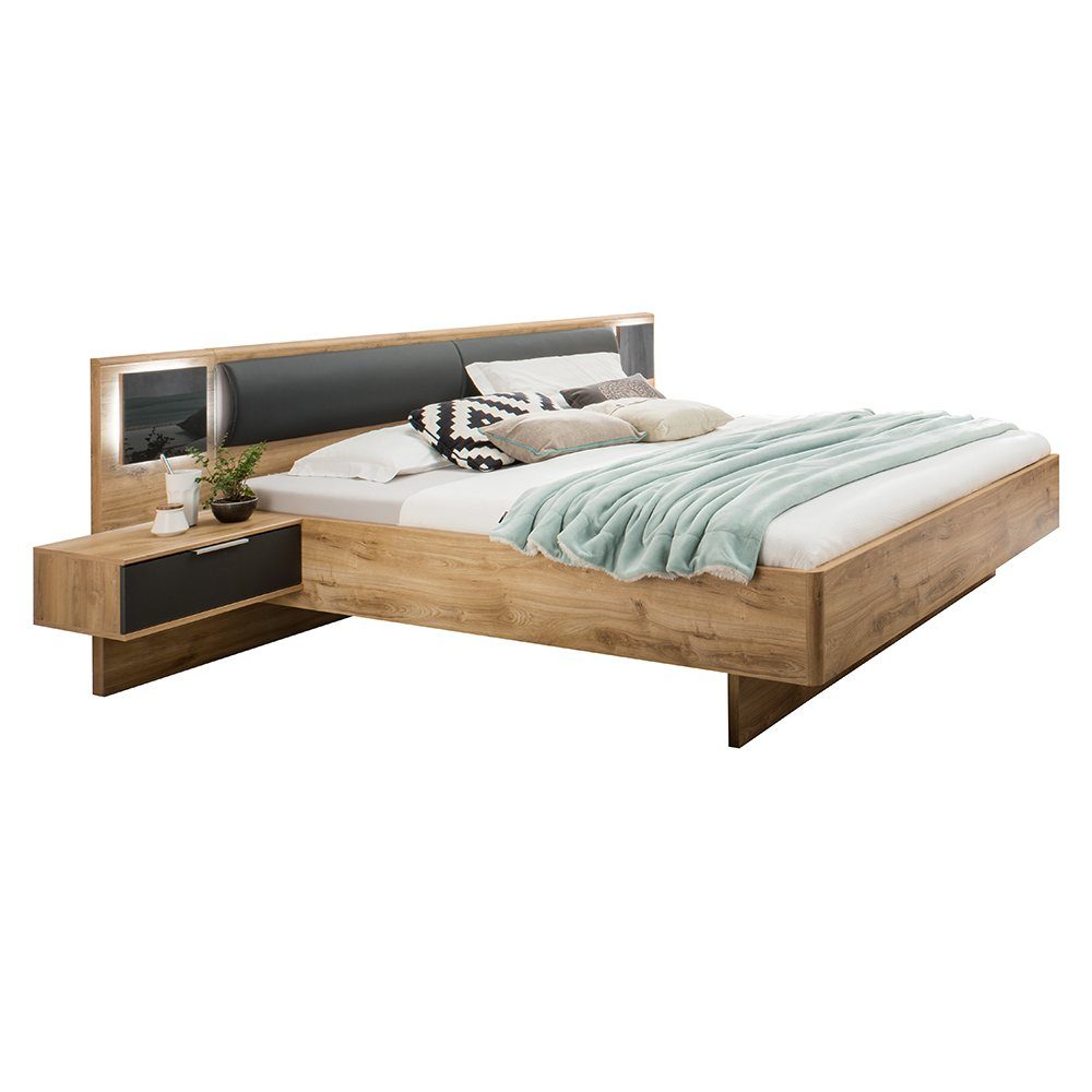 Lomadox Bett VIESTE-43, Bettanlage 180x200cm mit Nachttischen, Beleuchtung, graphit mit Eiche
