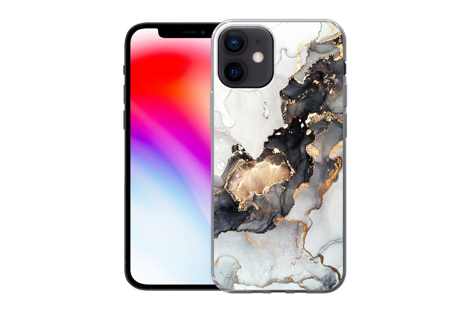 MuchoWow Handyhülle für Apple iPhone 12 Marmor - Schwarz - Weiß - Gold - Luxus - Abstrakt, Smartphone-Bumper, Print, Handy Schutzhülle Dünn