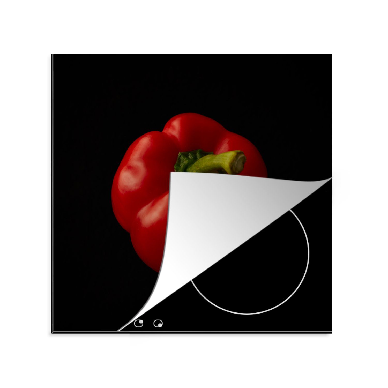 MuchoWow Herdblende-/Abdeckplatte Eine rote Paprika auf schwarzem Hintergrund, Vinyl, (1 tlg), 78x78 cm, Ceranfeldabdeckung, Arbeitsplatte für küche
