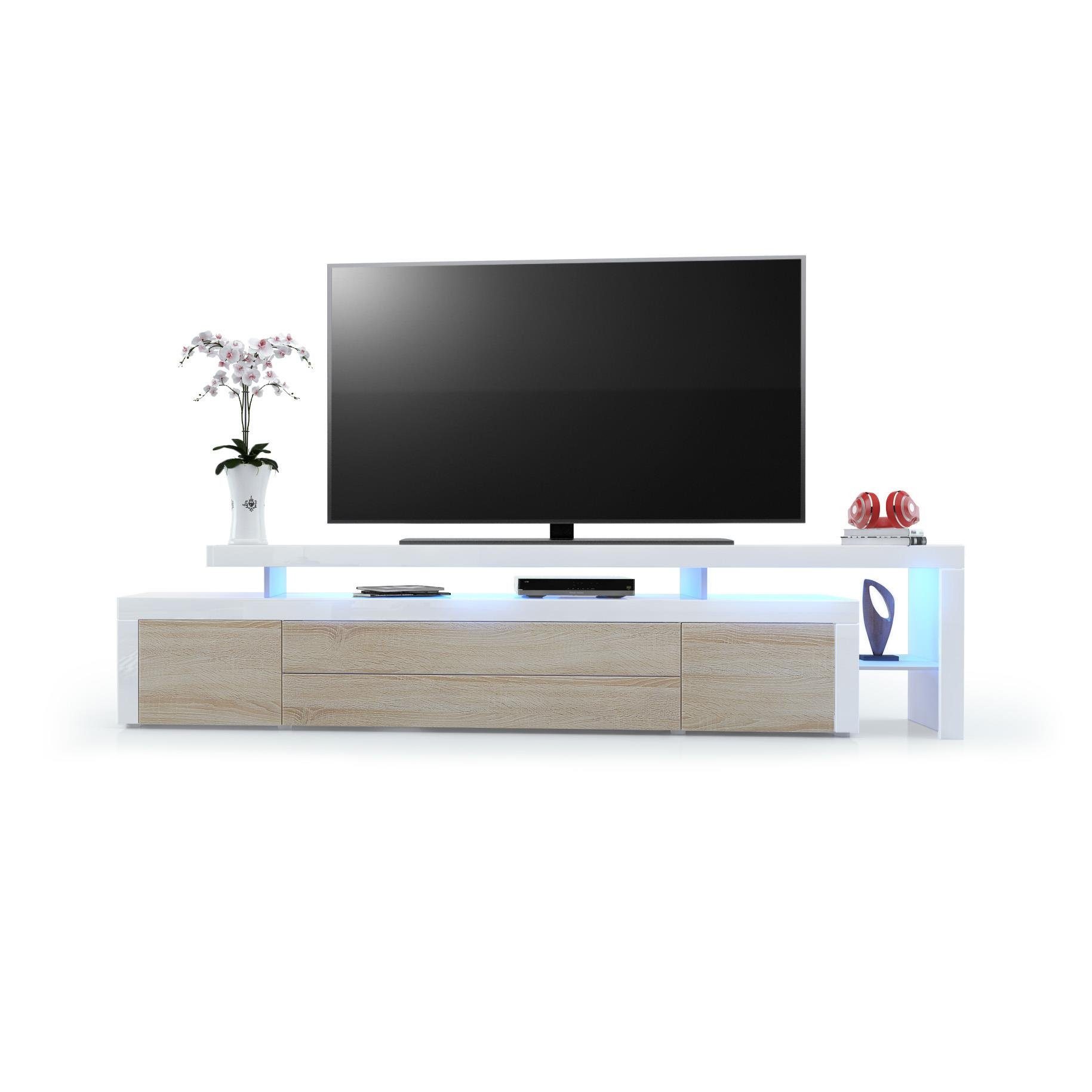 Vladon Lowboard Leon V3 (TV-Kommode, mit zwei Türen, zwei Schubkästen und einem modernen Überbau inkl. LED), Eiche sägerau/Weiß Hochglanz (227 x 52 x 35 cm)