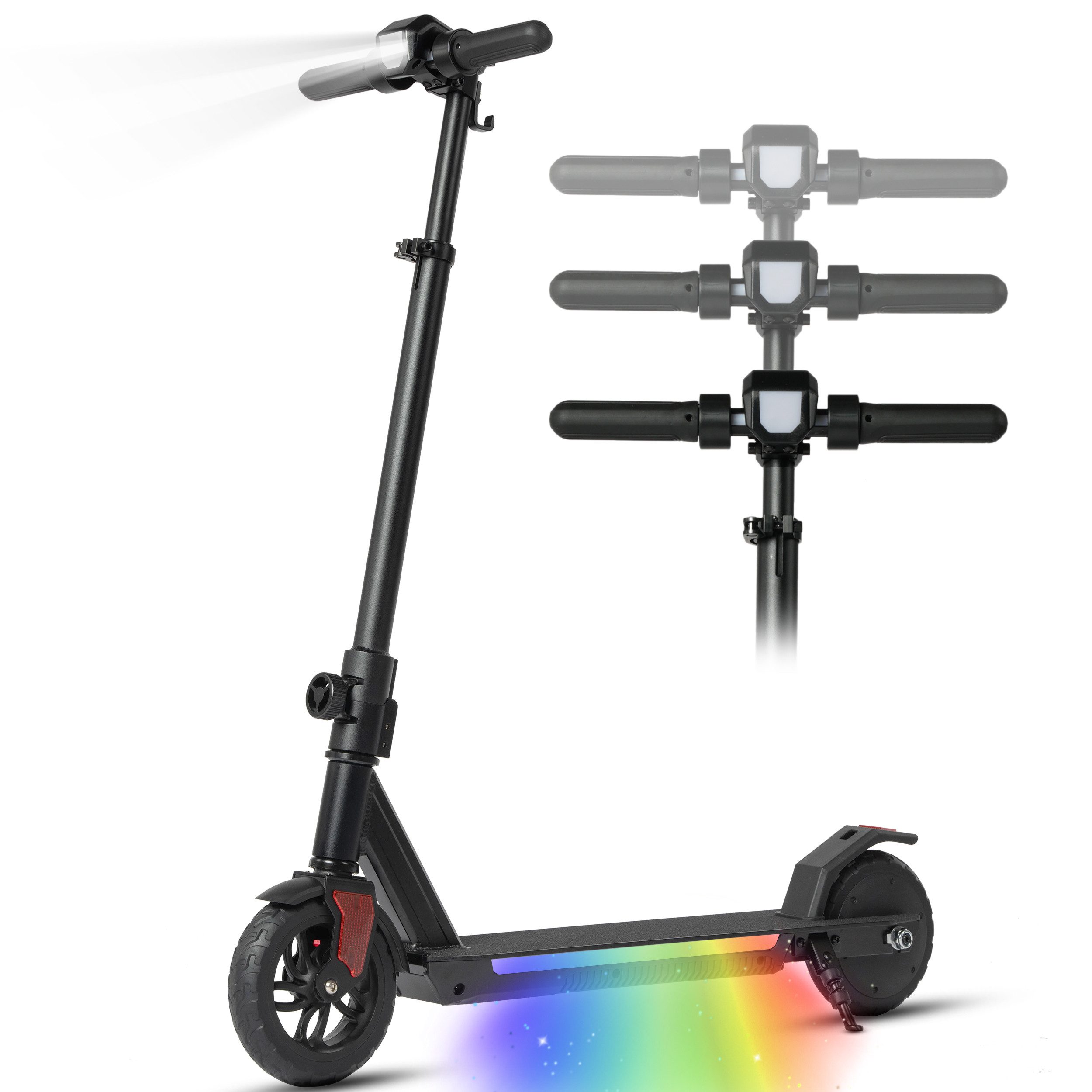 Vankel Elektro-Kinderroller ab 10 Jahre, E scooter für Kinder, klappbar, 15km, höhenverstellbar, EBS+Fußbremse, LED-Display, farbiger Beleuchtung, mit Haken