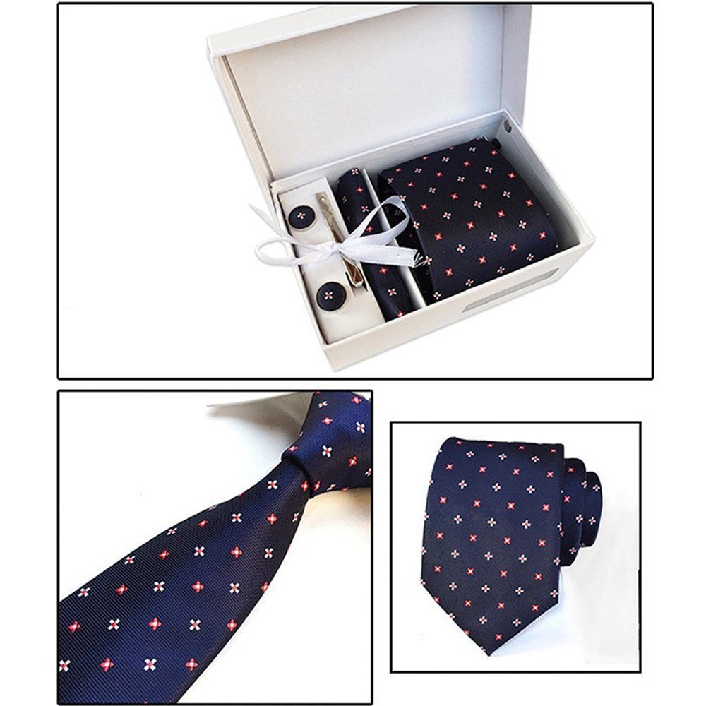 Dekorative Krawatte Herren Krawatten-Set, Krawatten (inkl. 4 Manschettenknöpfe + Stck Krawattennadel) (4-St) für Krawatte+Taschentuch B Hochzeitsfest 