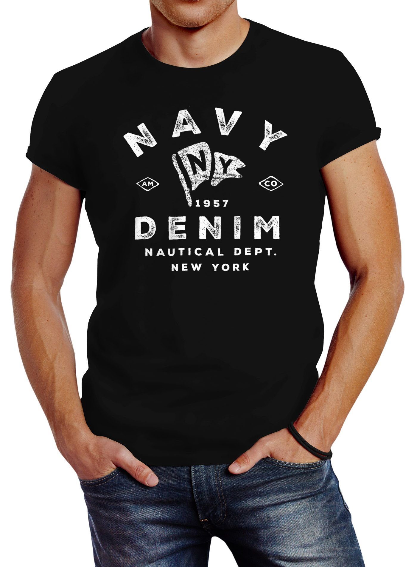 Neverless Print-Shirt Herren T-Shirt Vintage Motiv Schriftzug Navy Denim Nautical New York Neverless® mit Print schwarz