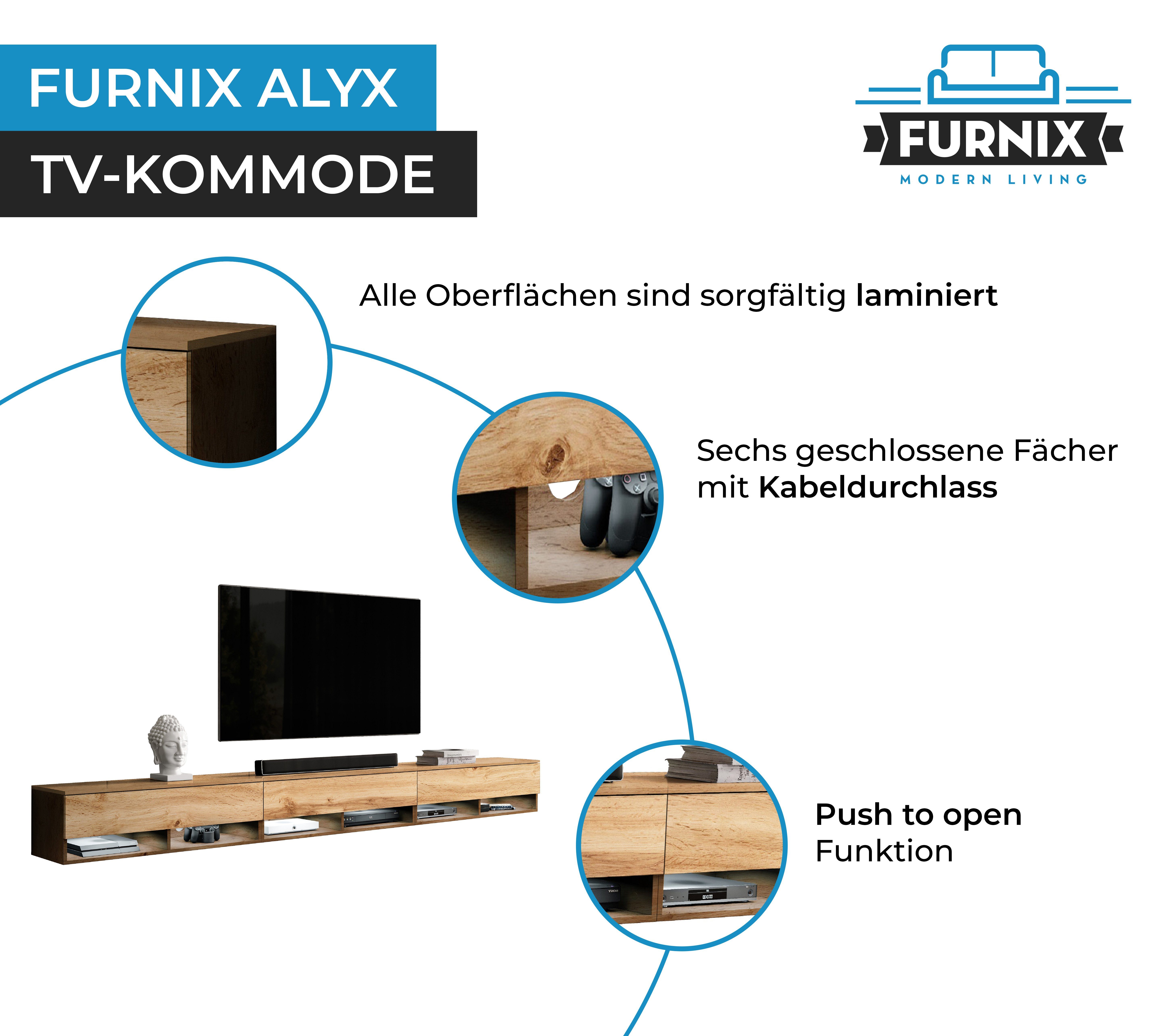 ohne B300 TV-Kommode Furnix mit 300 H34 x LED cm Lowboard ALYX Wotan/Wotan 3 Türen TV-Schrank x T32 cm