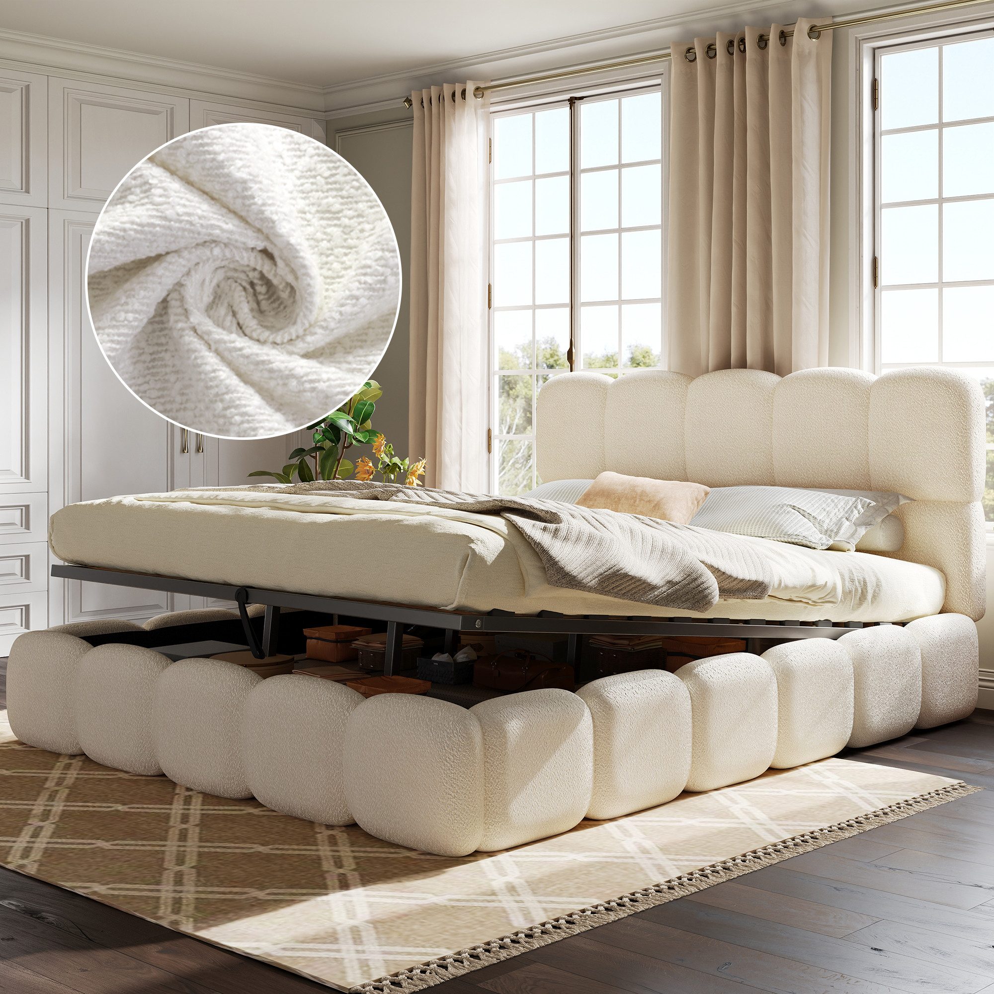 REDOM Polsterbett Funktionsbett mit Lattenrost & gepolstertem Kopfteil (Packung, mit großem Bettkasten und Matratze, Weiß, 180x200 cm), moderne Bouclé-Optik, weiche Polsterung